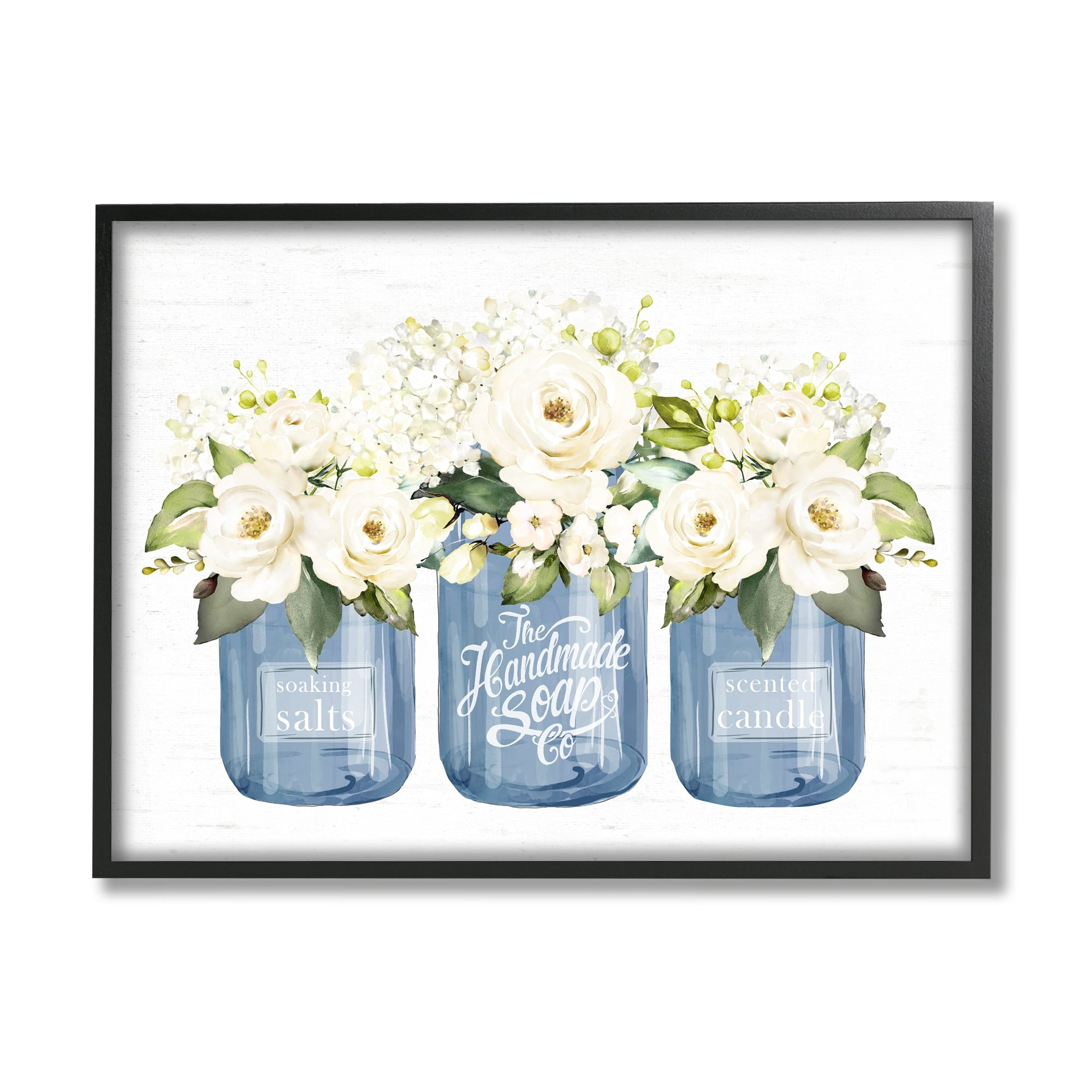 Stupell Industries White Rose Flower Bouquets Blue Farmhouse Jars Graphic Art Black Framed Art Print Wall Art, Design by Lettered and Lined