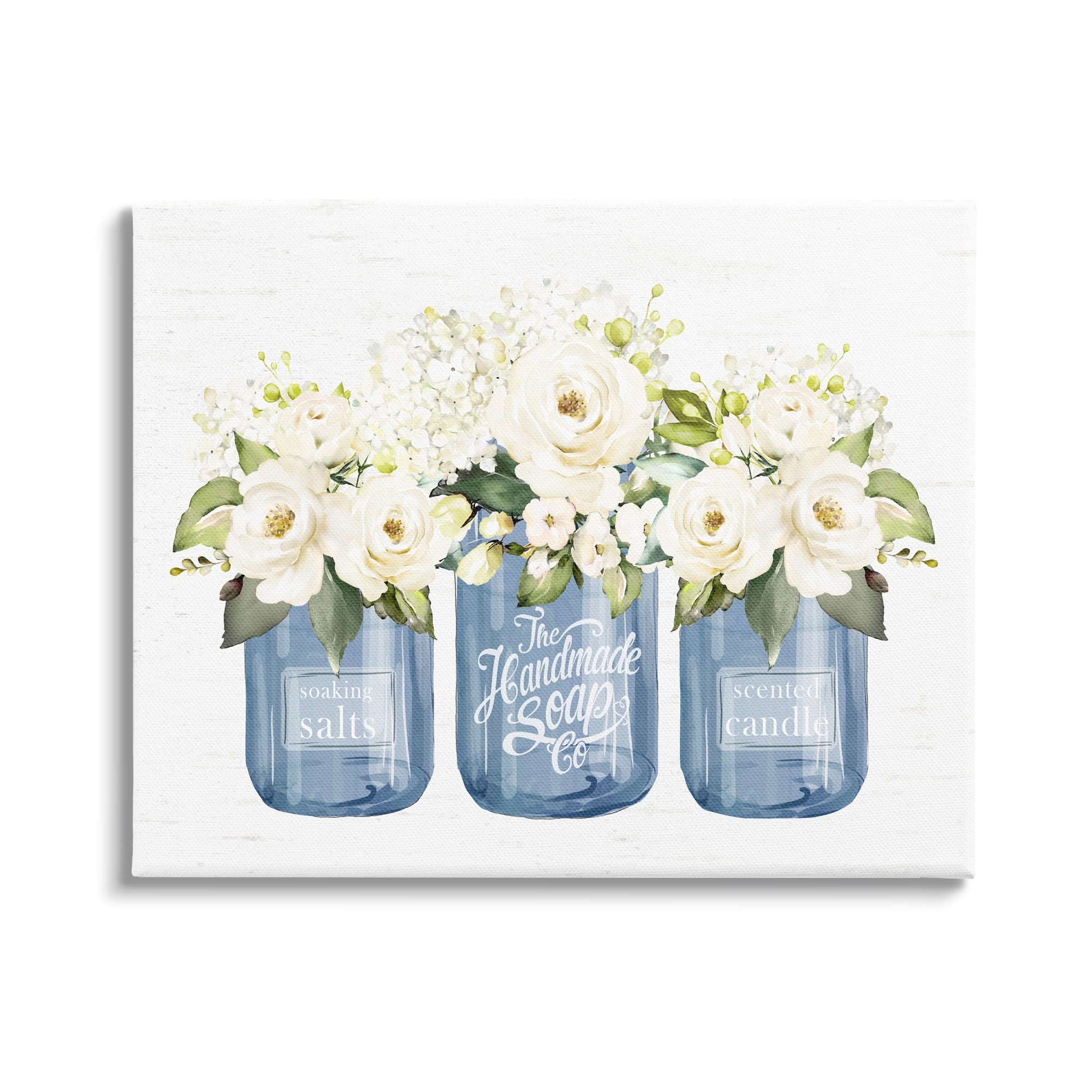 Stupell Industries White Rose Flower Bouquets Blue Farmhouse Jars Graphic Art Gallery Wrapped Canvas Print Wall Art, Design by Lettered and Lined