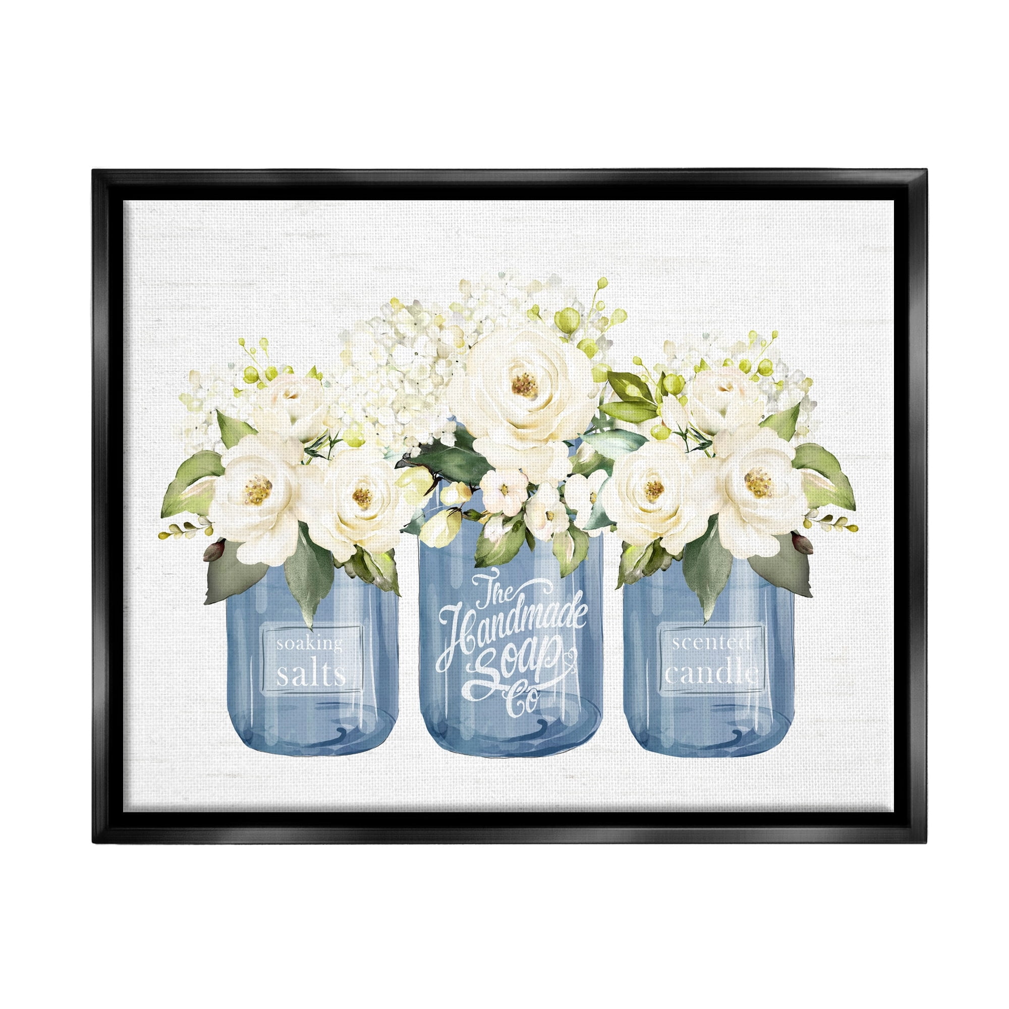 Stupell Industries White Rose Flower Bouquets Blue Farmhouse Jars Graphic Art Jet Black Floating Framed Canvas Print Wall Art, Design by Lettered and Lined
