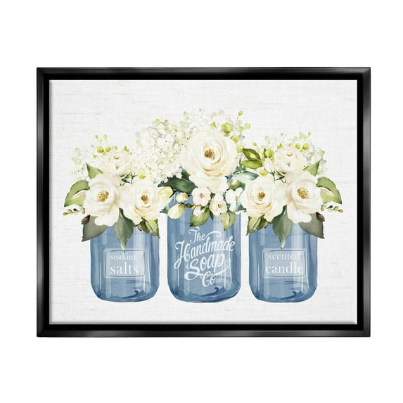 Stupell Industries White Rose Flower Bouquets Blue Farmhouse Jars Graphic Art Jet Black Floating Framed Canvas Print Wall Art, Design by Lettered and Lined