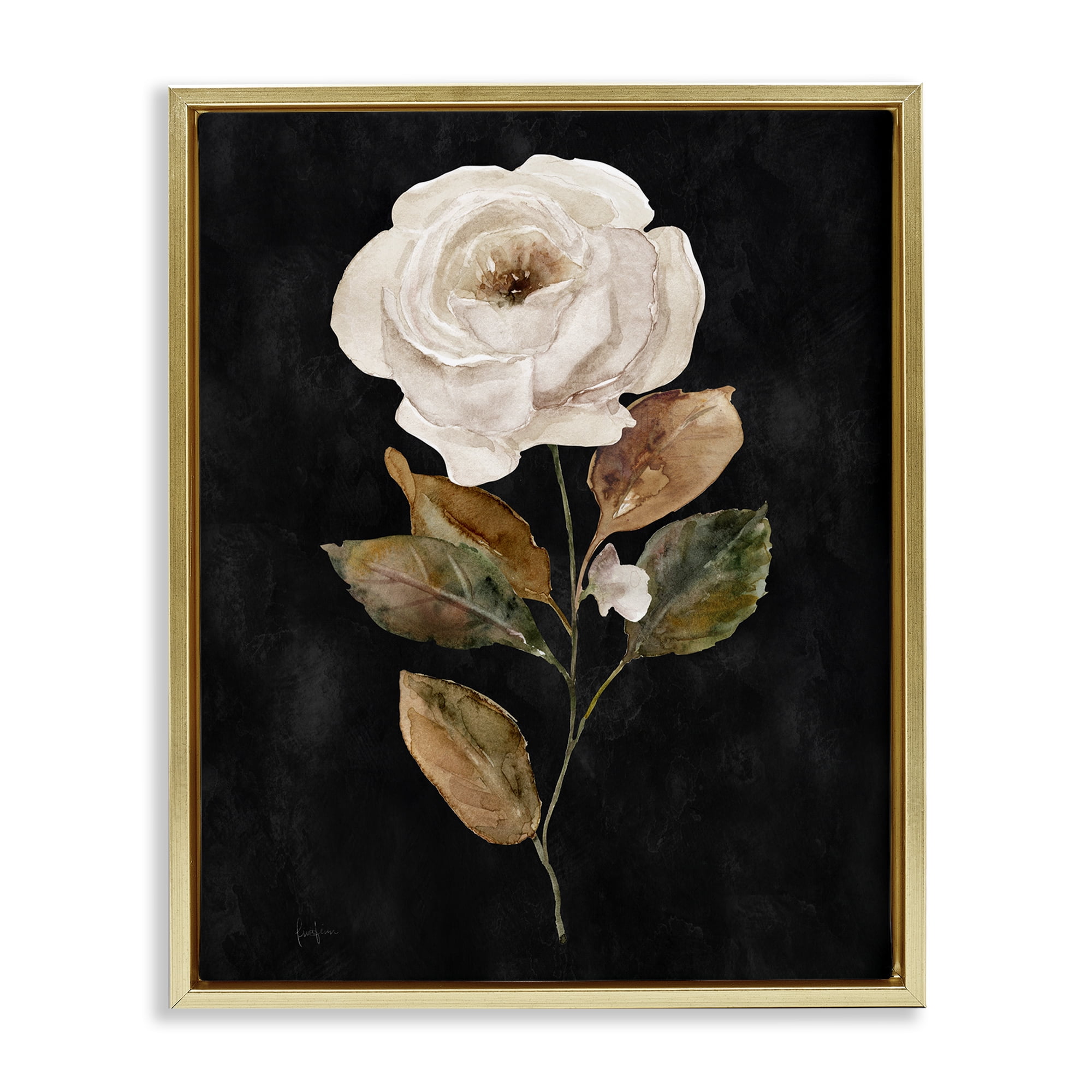 Stupell Industries White Rose on Black Plants & Flowers Painting Gold Floater Framed Canvas Art Print Wall Art, 17 x 21