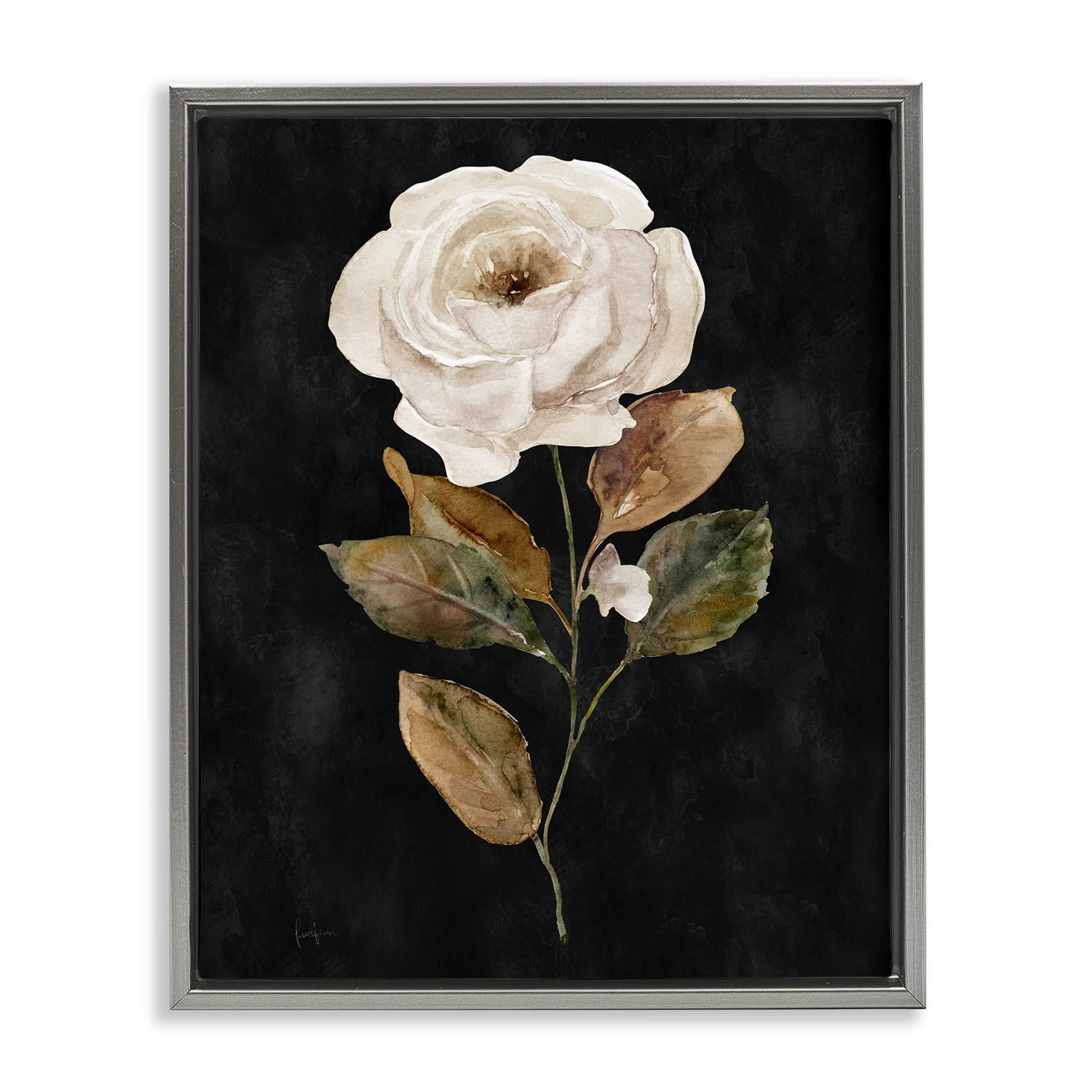Stupell Industries White Rose on Black Plants & Flowers Painting Gray Floater Framed Canvas Art Print Wall Art, 25 x 31