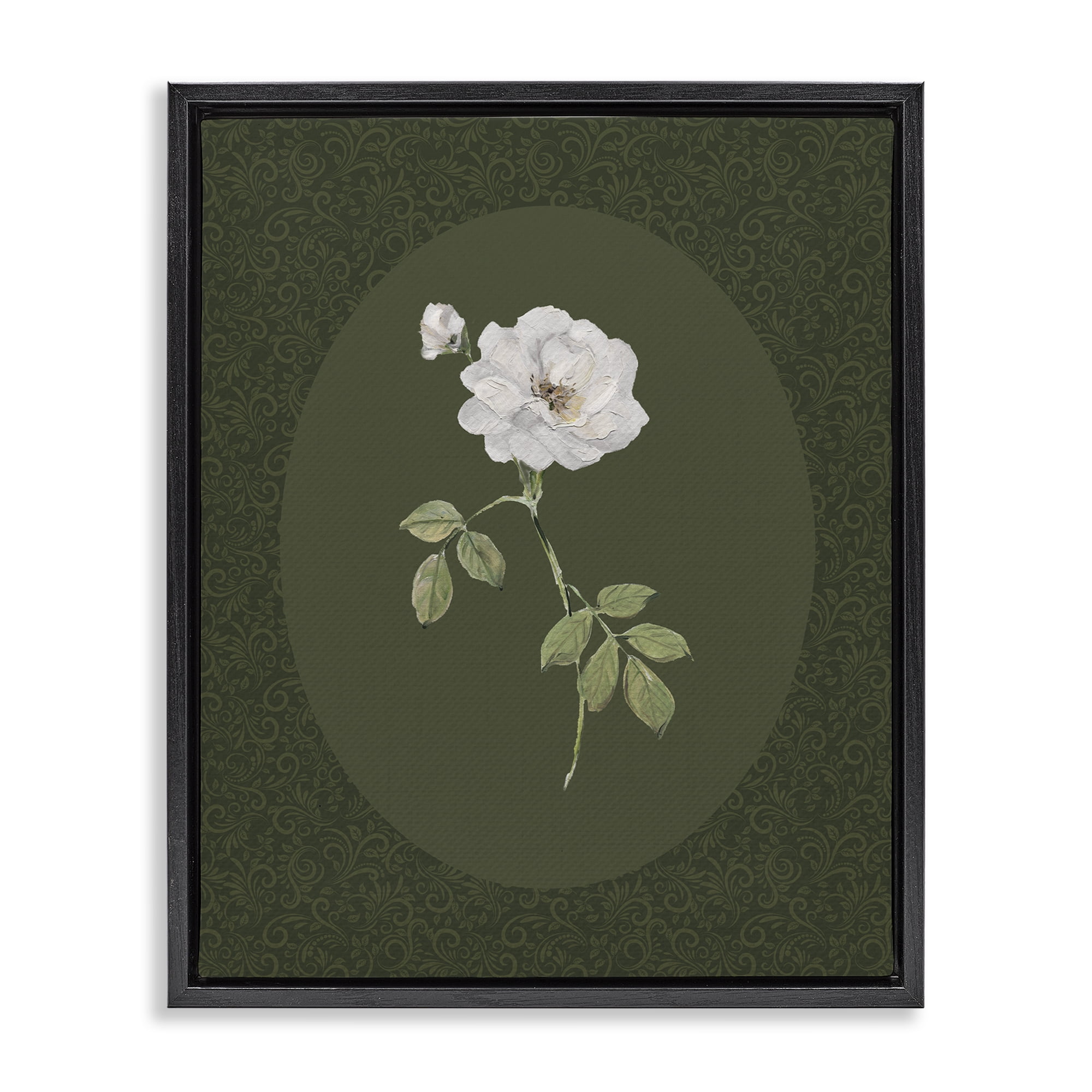 Stupell Industries White Rose on Emerald Black Framed Floater Canvas Wall Art, design by Sally Swatland