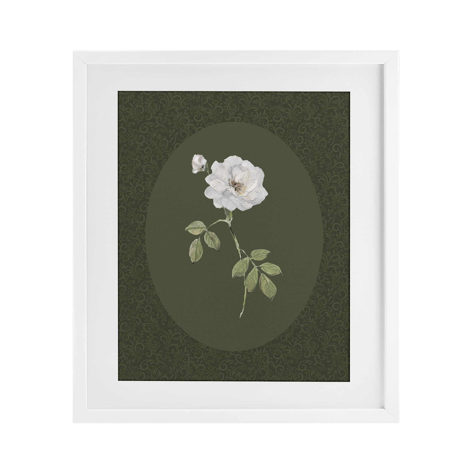 Stupell Industries White Rose on Emerald White Framed Print Under Glass, design by Sally Swatland
