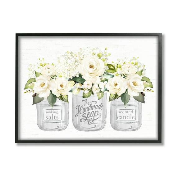 Stupell Industries White Roses Blooming Country Rustic Candle Jars Graphic Art Black Framed Art Print Wall Art, Design by Lettered and Lined