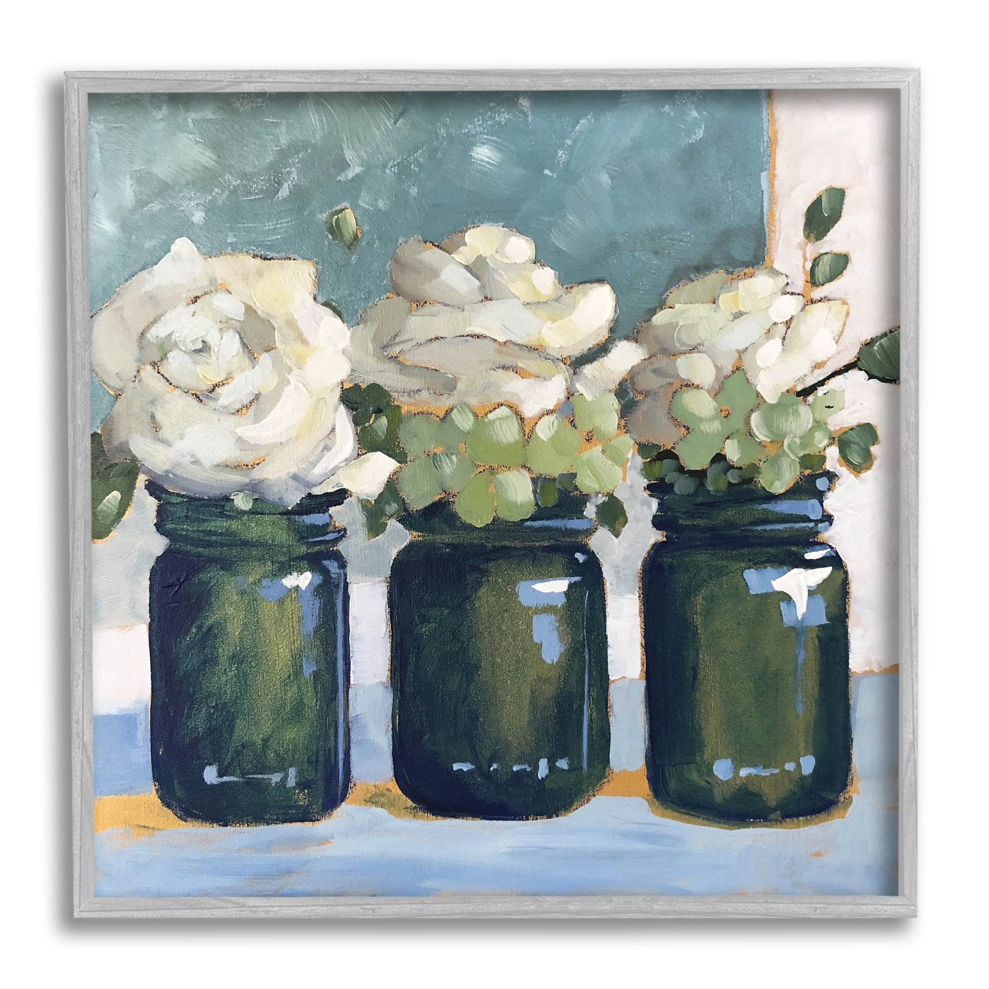 Stupell Industries White Roses Country Jars Floral Arrangement Bouquets Painting Gray Framed Art Print Wall Art, Design by Sue Riger