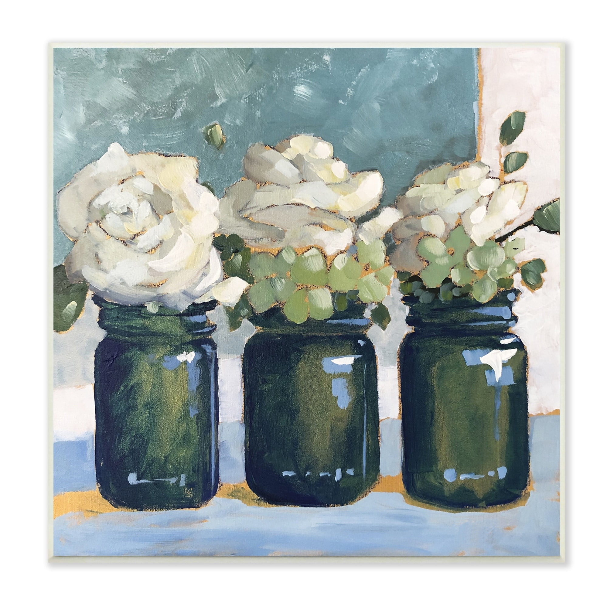 Stupell Industries White Roses Country Jars Floral Arrangement Bouquets Painting Unframed Art Print Wall Art, Design by Sue Riger