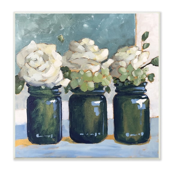 Stupell Industries White Roses Country Jars Floral Arrangement Bouquets Painting Unframed Art Print Wall Art, Design by Sue Riger