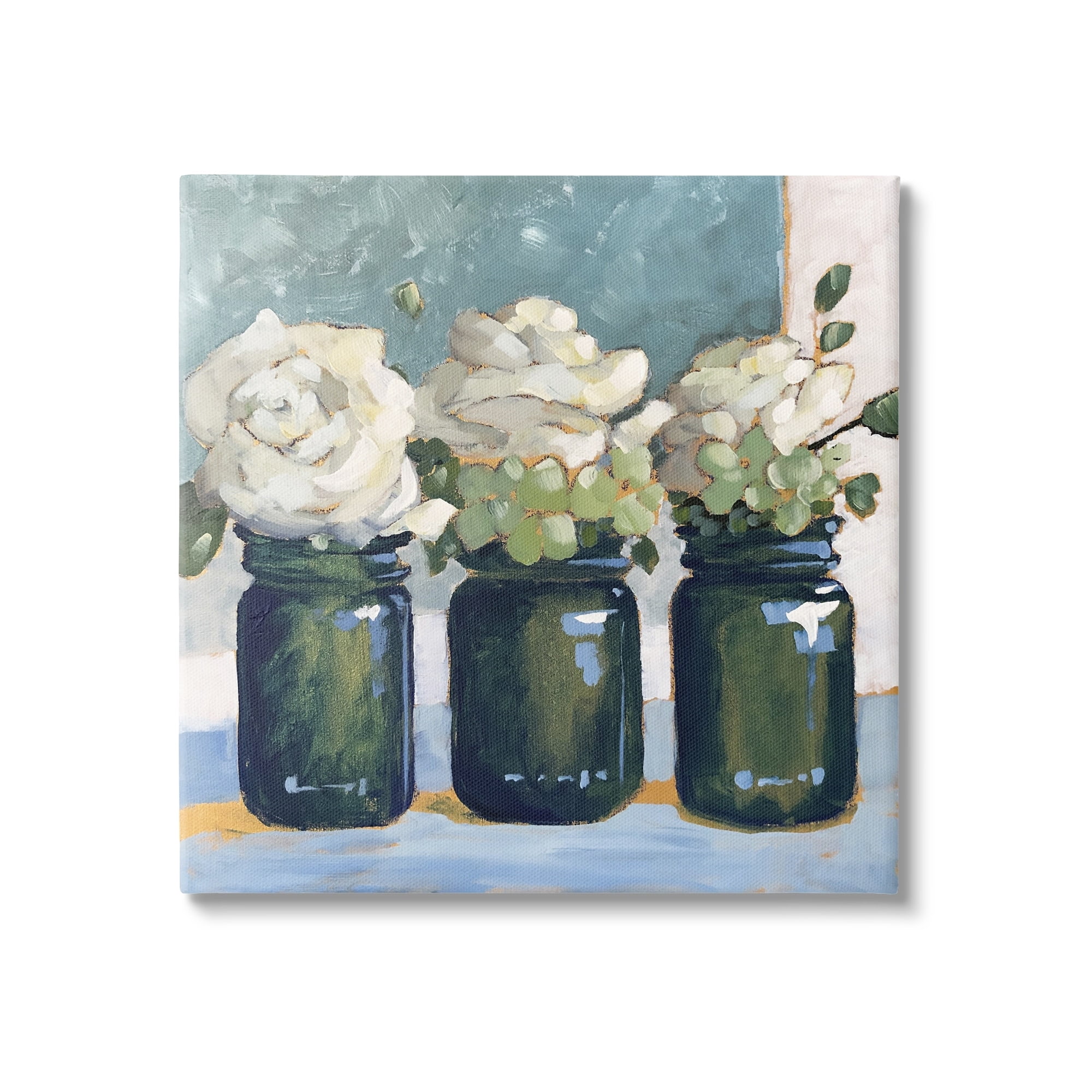 Stupell Industries White Roses Country Jars Painting Botanical & Floral Painting Gallery Wrapped Canvas Print Wall Art
