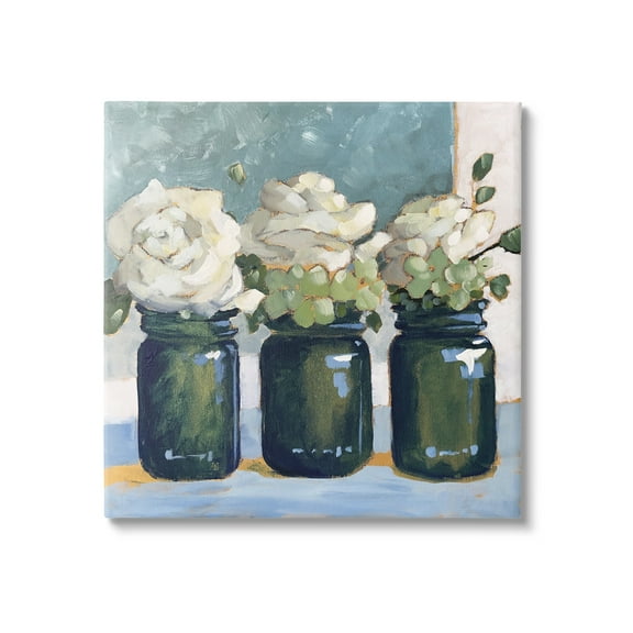 Stupell Industries White Roses Country Jars Painting Botanical & Floral Painting Gallery Wrapped Canvas Print Wall Art
