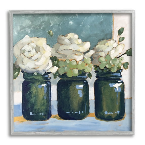 Stupell Industries White Roses Country Jars Painting Botanical & Floral Painting Gray Framed Art Print Wall Art