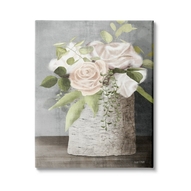 Stupell Industries White Roses and Botanicals on Birch Stump Painting, 16 x 20,Design by House Fenway
