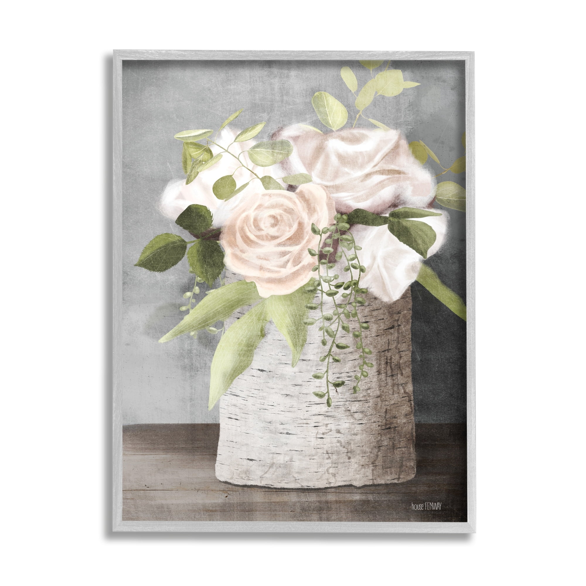 White Roses and Botanicals on Birch Stump Canvas Print with Gray Frame