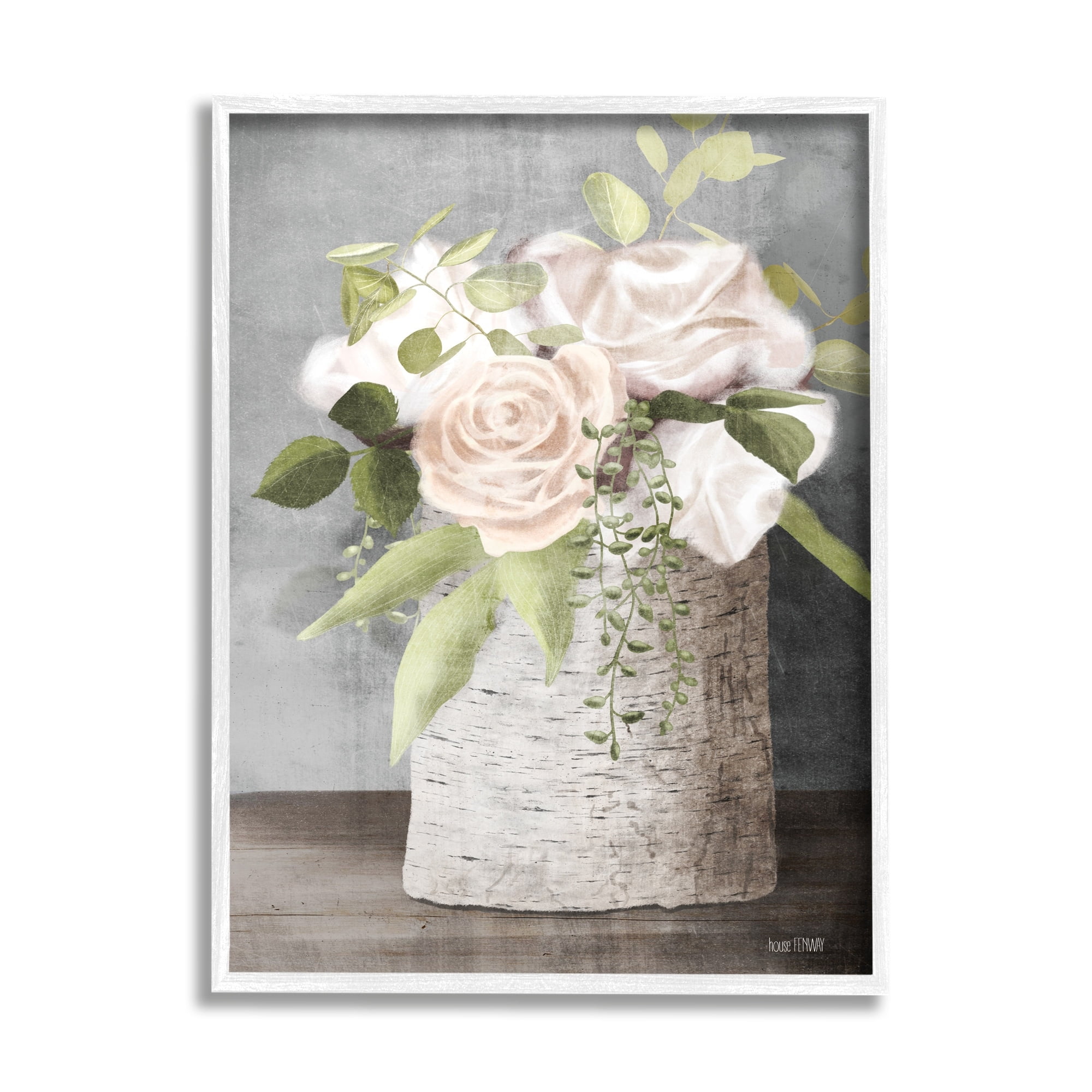 Stupell Industries White Roses and Botanicals on Birch Stump Painting White Framed Art Print Wall Art, 24x30, by House Fenway