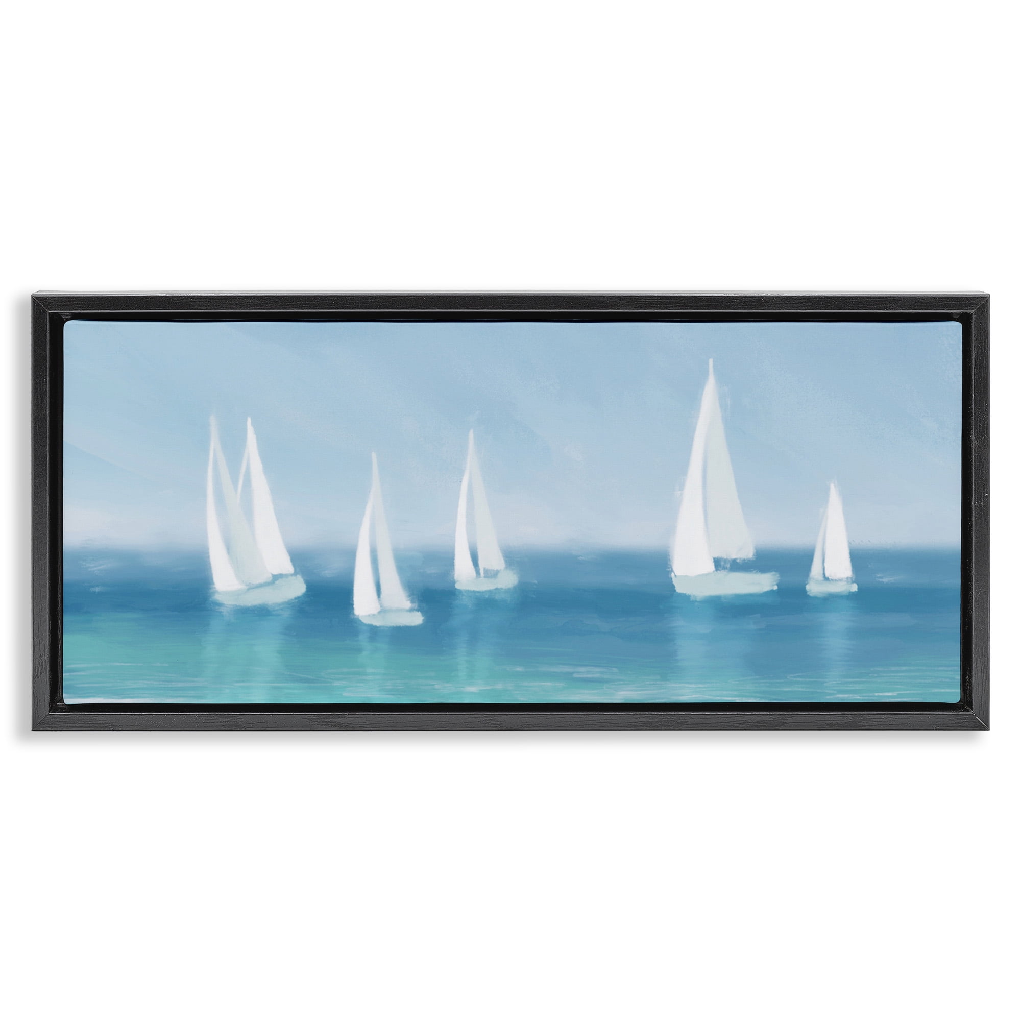 Stupell Industries White Sail Boats Across Coast Nature Painting Black Floater Framed Canvas Art Print Wall Art, 31 x 14