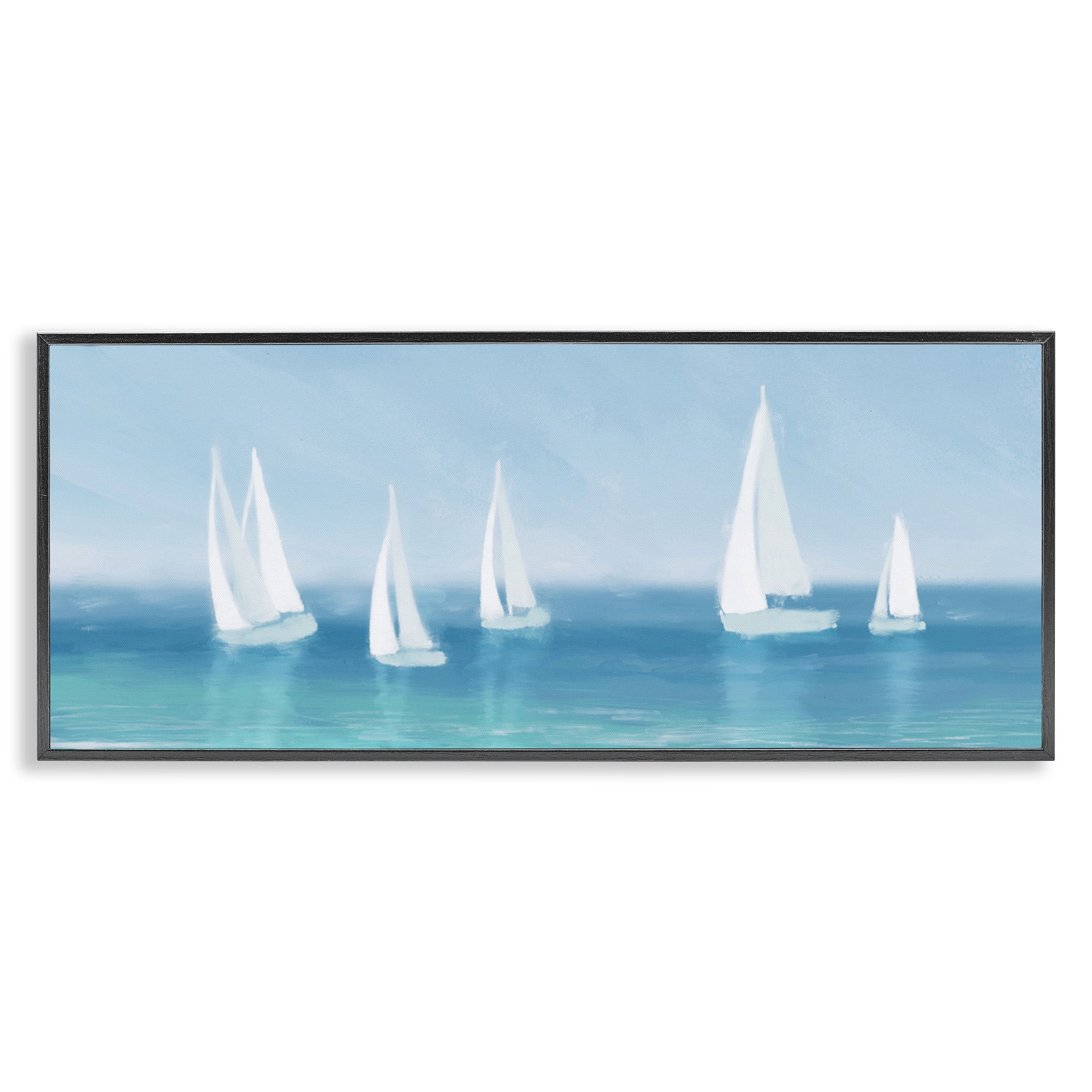 Stupell Industries White Sail Boats Across Coast Nature Painting Black Framed Art Print Wall Art, 30 x 13