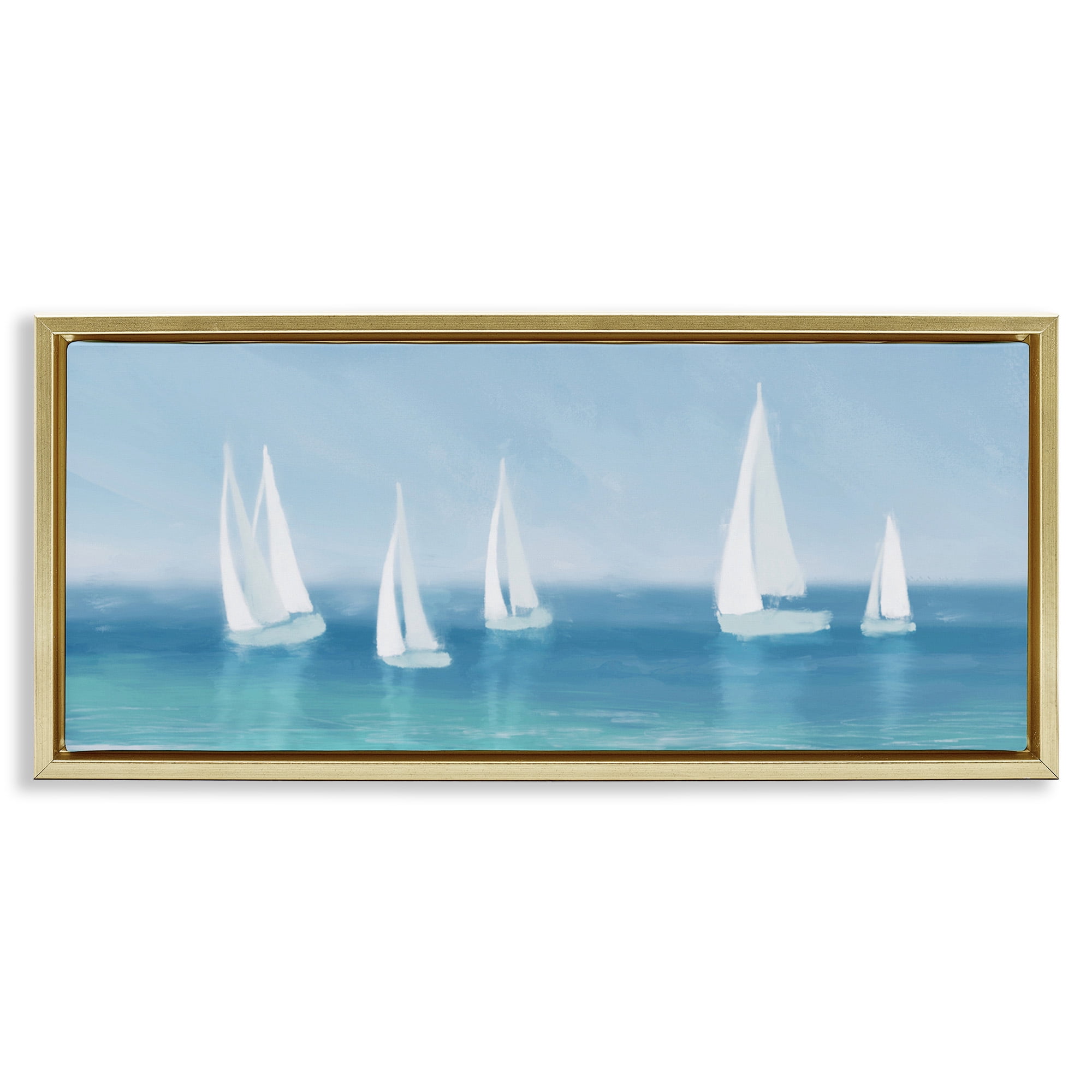 Stupell Industries White Sail Boats Across Coast Nature Painting Gold Floater Framed Canvas Art Print Wall Art, 25 x 11