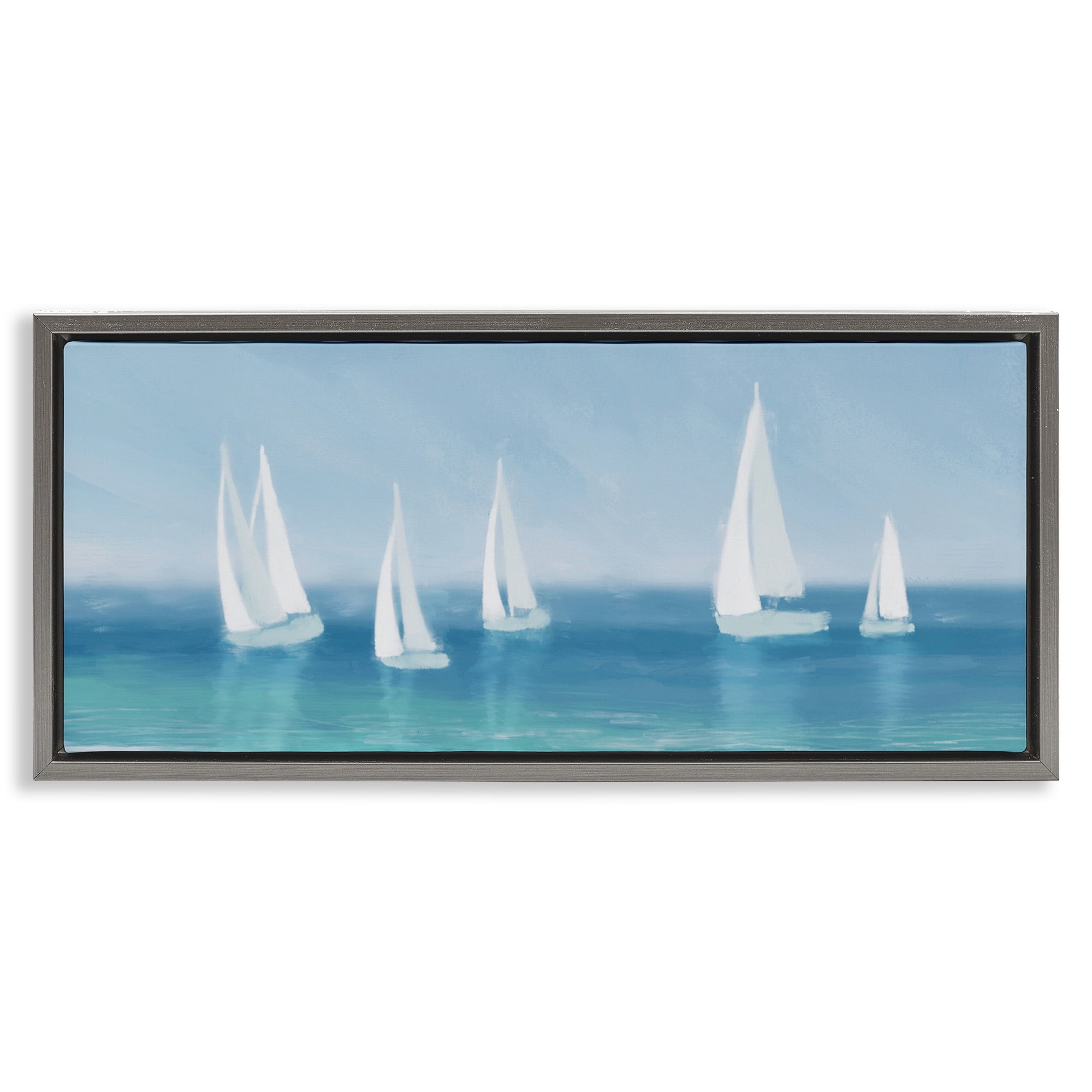Stupell Industries White Sail Boats Across Coast Nature Painting Gray Floater Framed Canvas Art Print Wall Art, 31 x 14