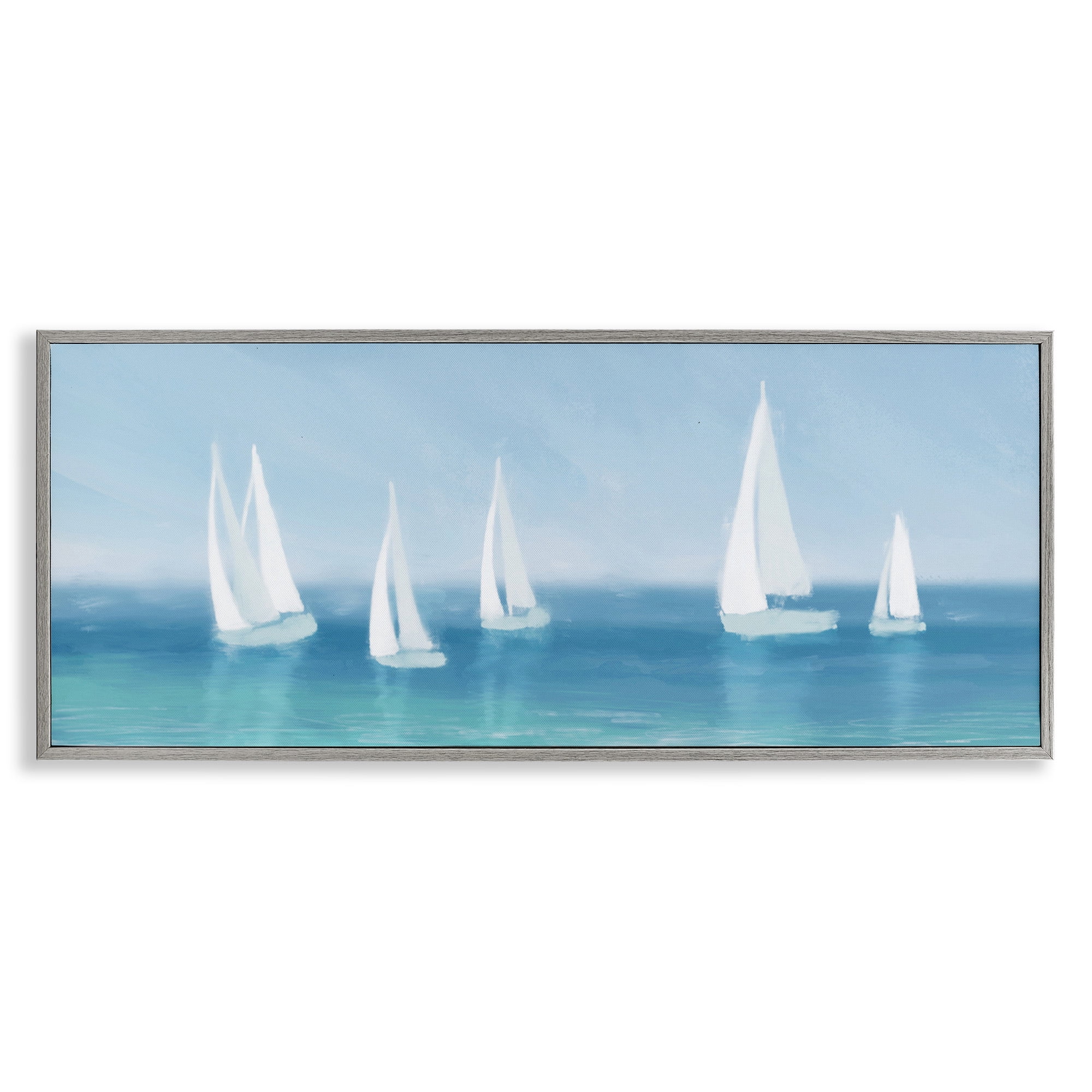 Stupell Industries White Sail Boats Across Coast Nature Painting Gray Framed Art Print Wall Art, 30 x 13