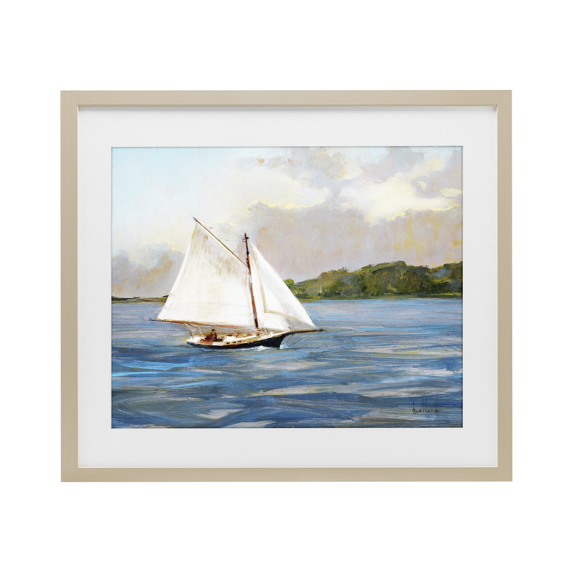 Stupell Industries White Sailboat on Calm Blue Sea Birch Framed Print Under Glass, design by Katie Swatland