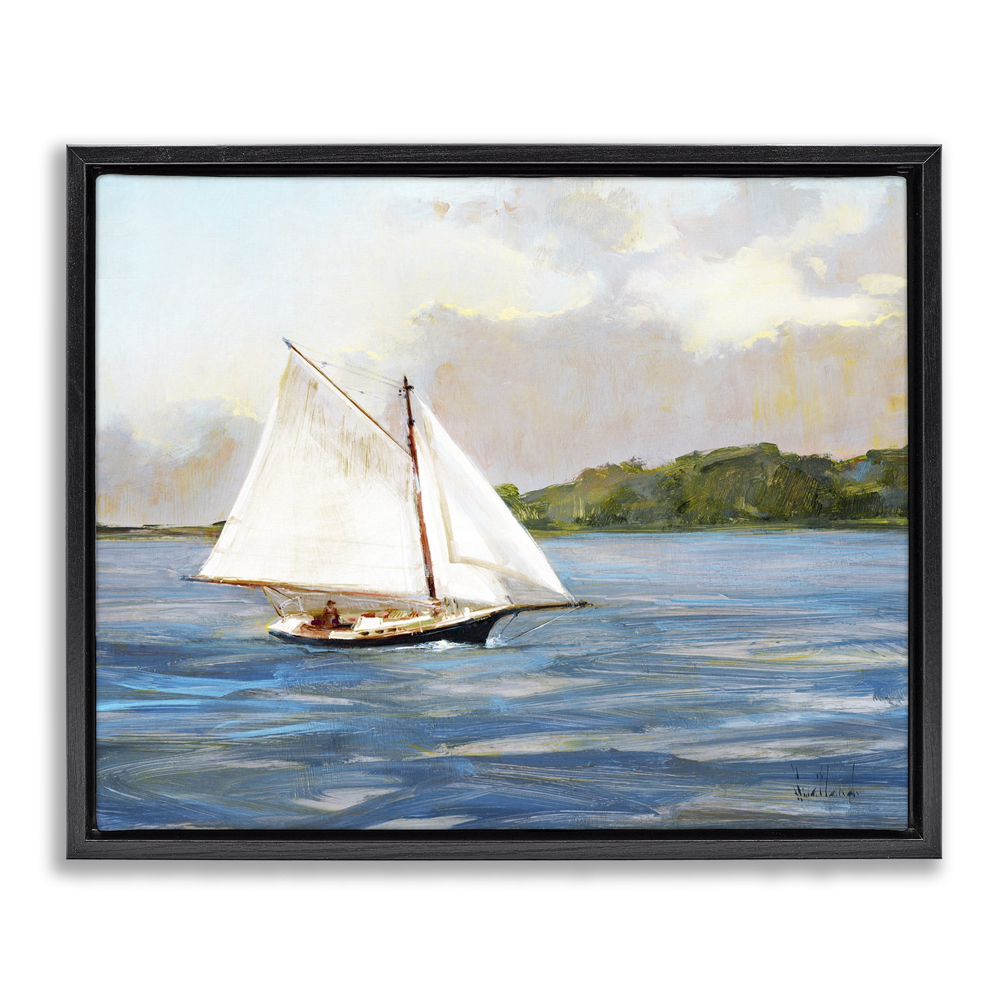 Stupell Industries White Sailboat on Calm Blue Sea Black Framed Floater Canvas Wall Art, design by Katie Swatland