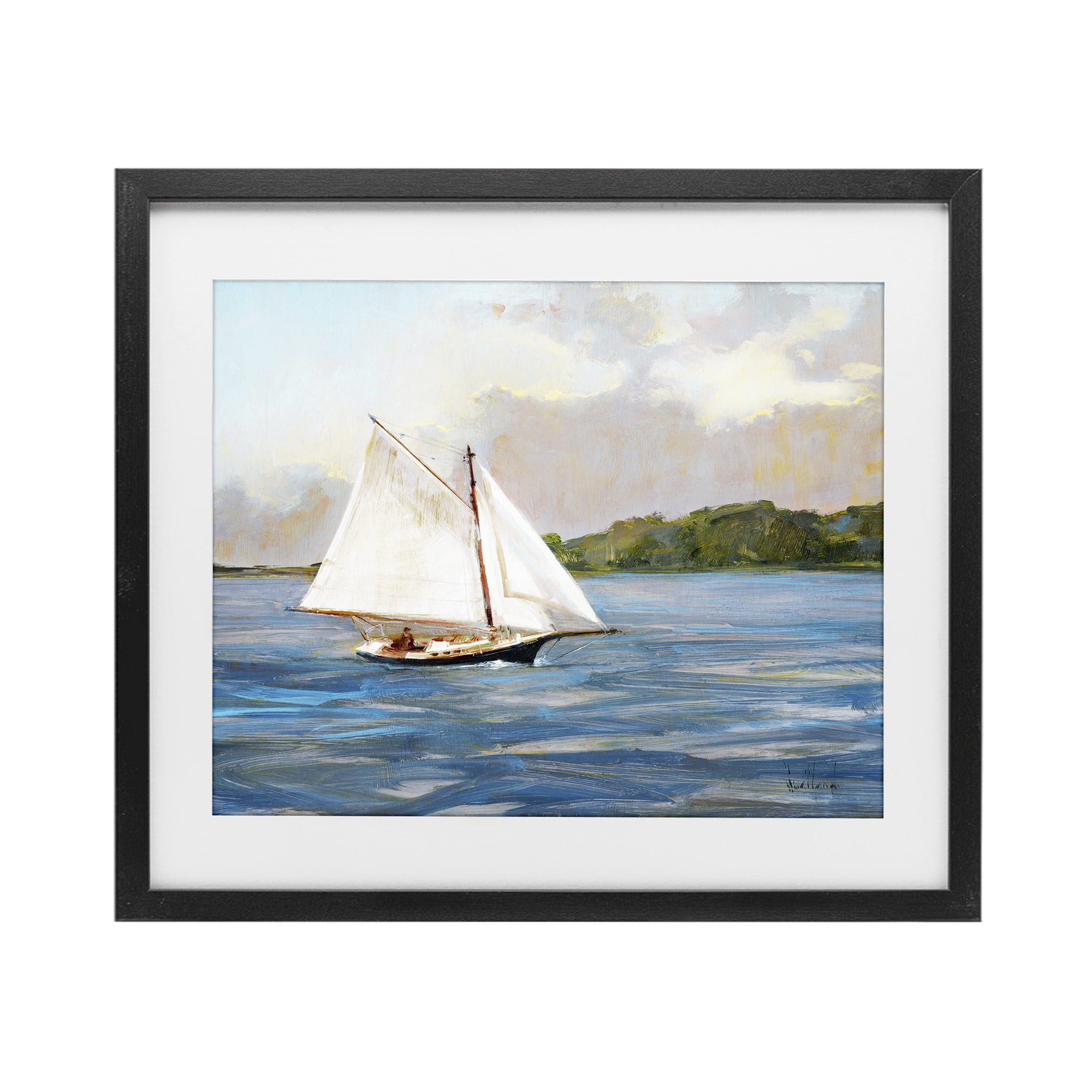 Stupell Industries White Sailboat on Calm Blue Sea Black Framed Print Under Glass, design by Katie Swatland