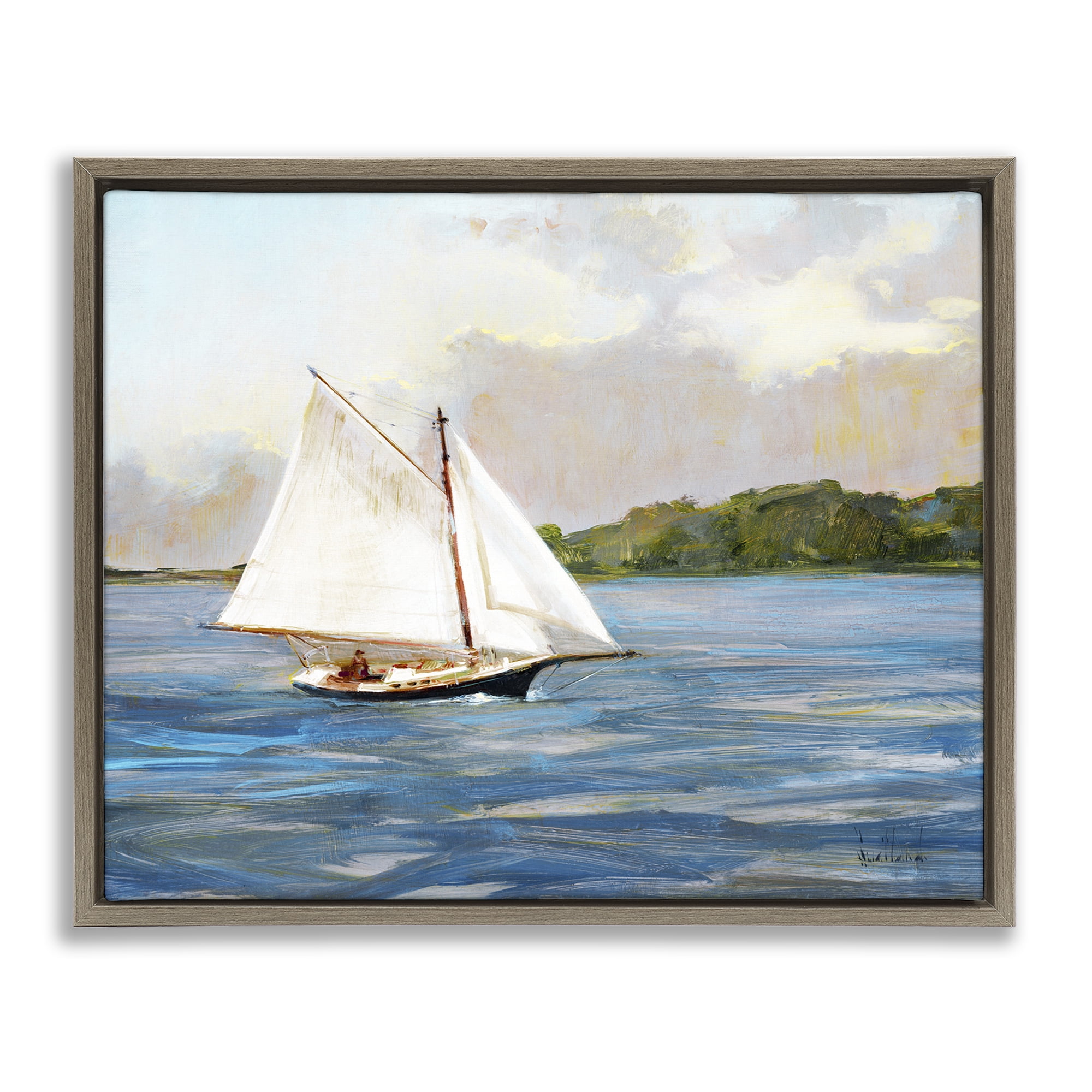 Stupell Industries White Sailboat on Calm Blue Sea Brown Framed Floater Canvas Wall Art, design by Katie Swatland