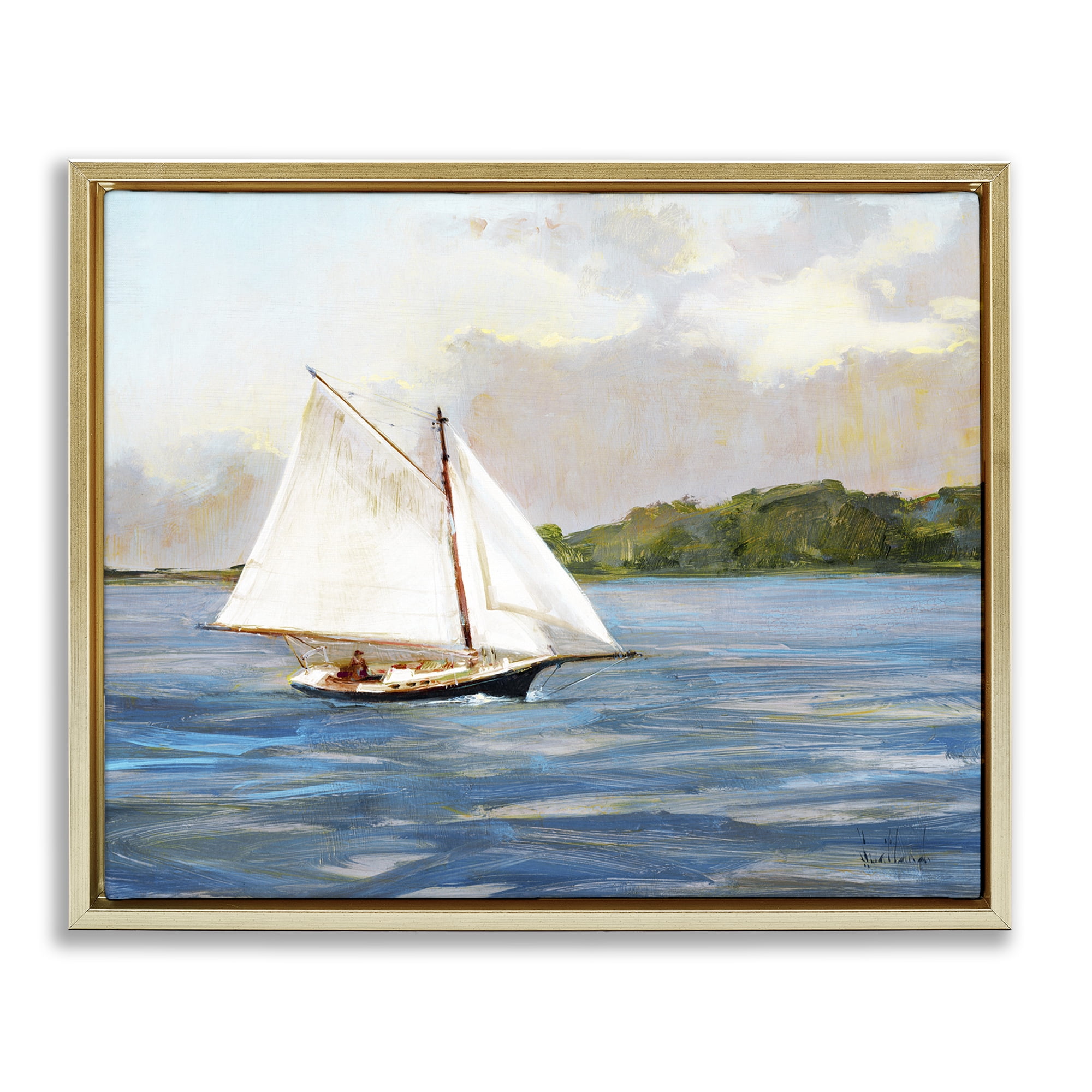 Stupell Industries White Sailboat on Calm Blue Sea Gold Framed Floater Canvas Wall Art, design by Katie Swatland