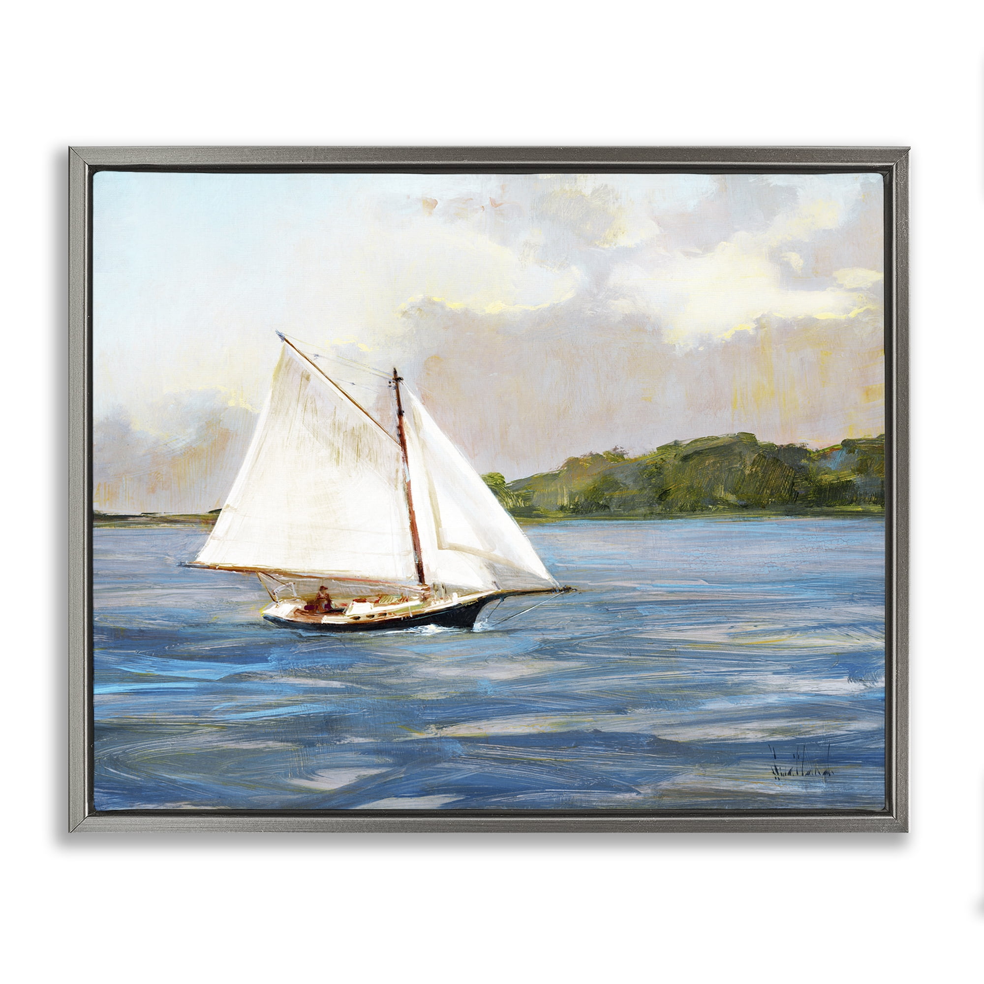 Stupell Industries White Sailboat on Calm Blue Sea Gray Framed Floater Canvas Wall Art, design by Katie Swatland