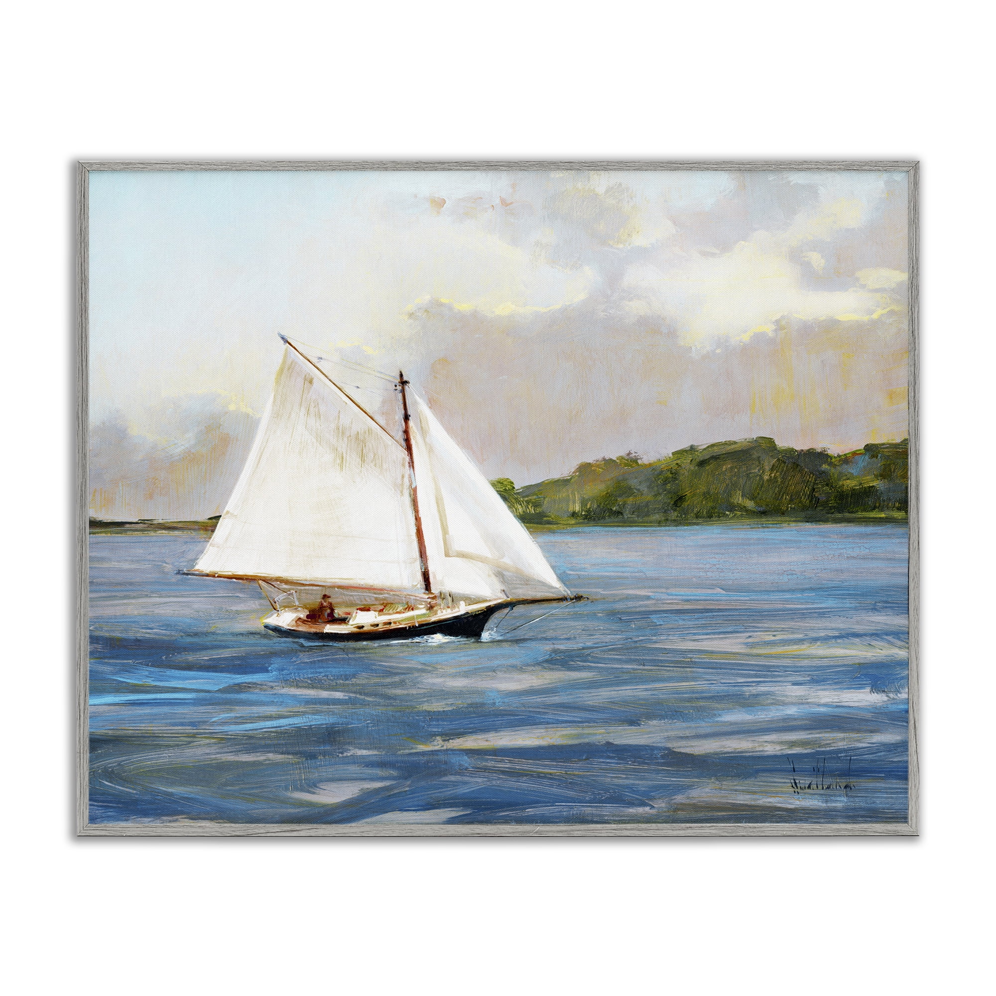 Stupell Industries White Sailboat on Calm Blue Sea Gray Framed Giclee Art, design by Katie Swatland