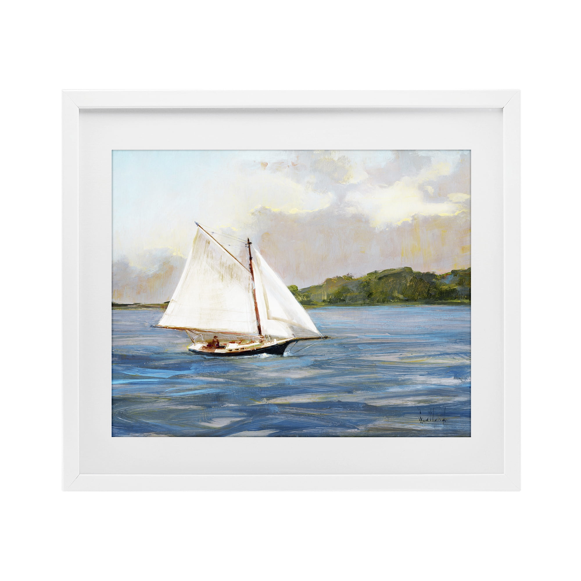Stupell Industries White Sailboat on Calm Blue Sea White Framed Print Under Glass, design by Katie Swatland