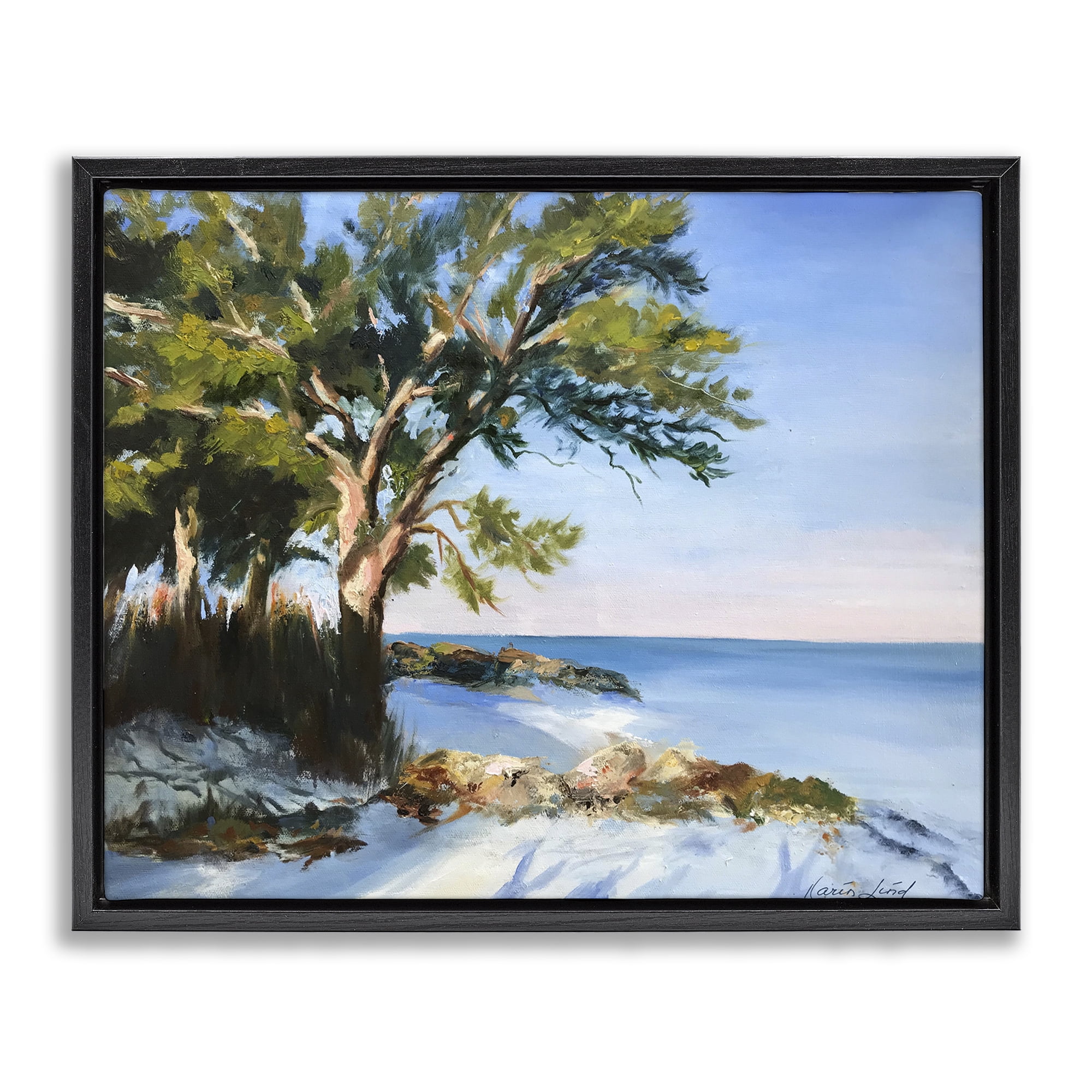Stupell Industries White Sand Beach Landscape Painting Black Floater Framed Canvas Art Print Wall Art, 31 x 25