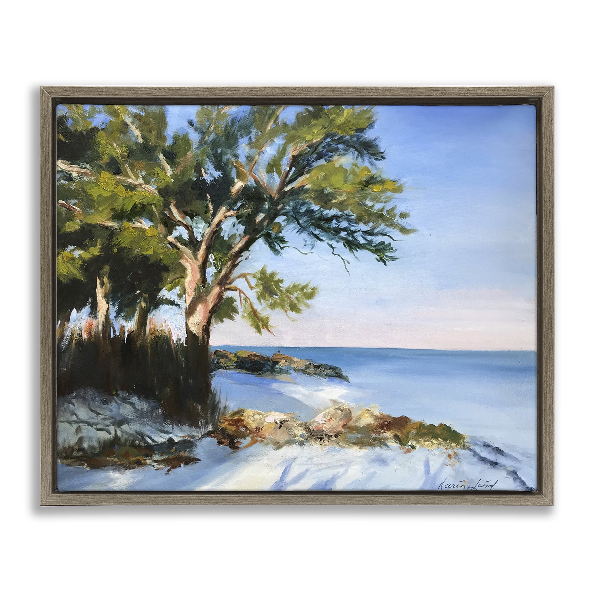Stupell Industries White Sand Beach Landscape Painting Brown Floater Framed Canvas Art Print Wall Art, 31 x 25