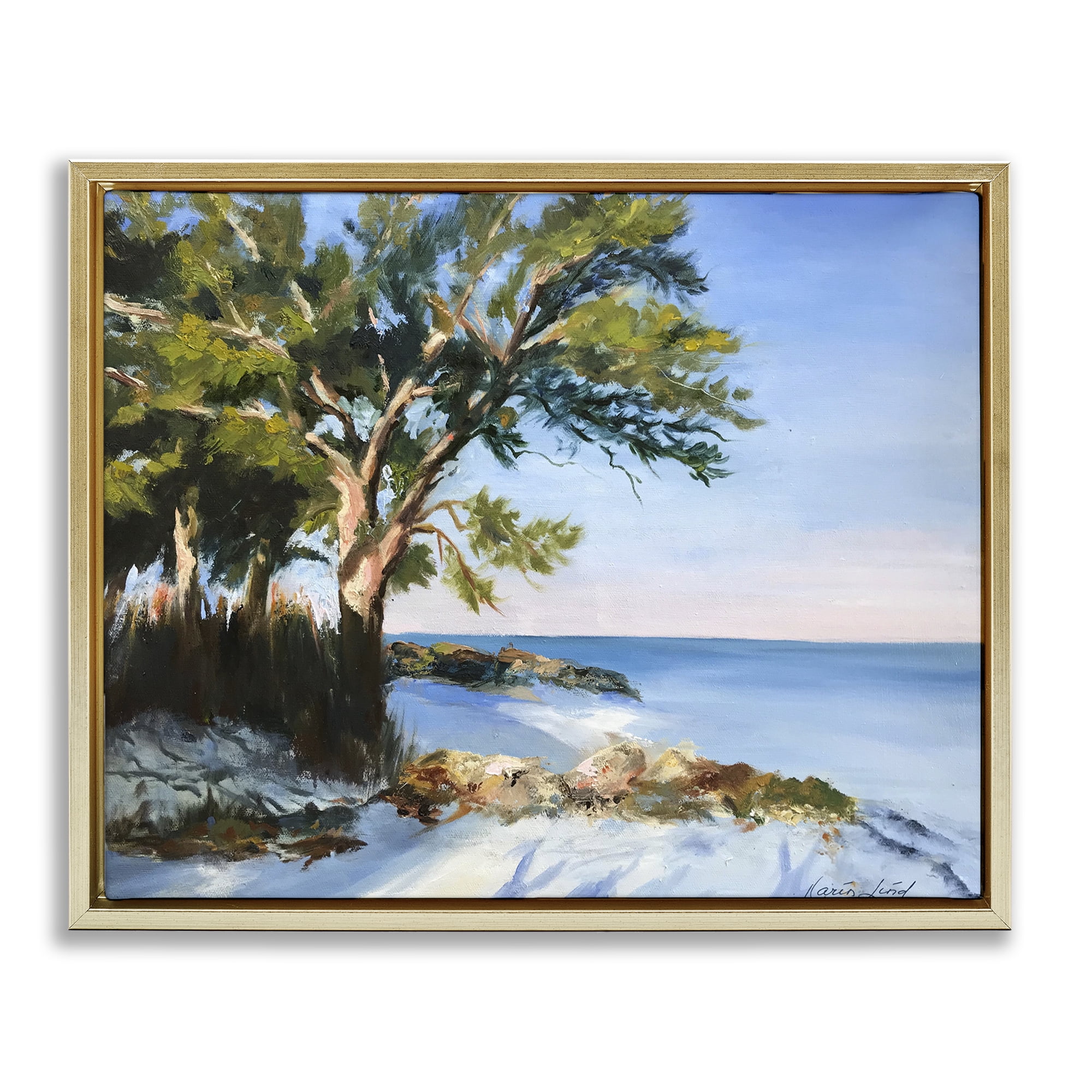 Stupell Industries White Sand Beach Landscape Painting Gold Floater Framed Canvas Art Print Wall Art, 21 x 17