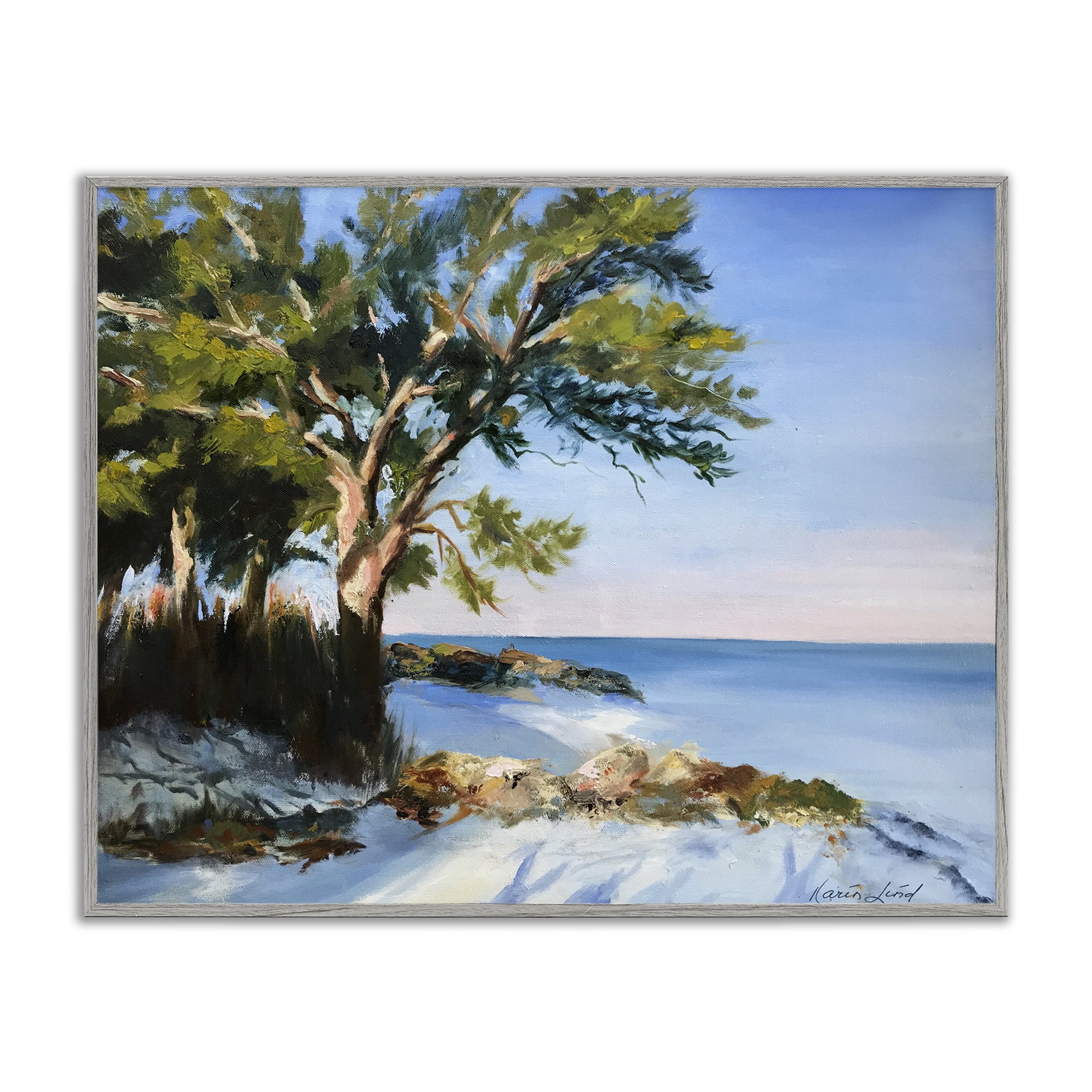 Stupell Industries White Sand Beach Landscape Painting Gray Framed Art Print Wall Art, 30 x 24