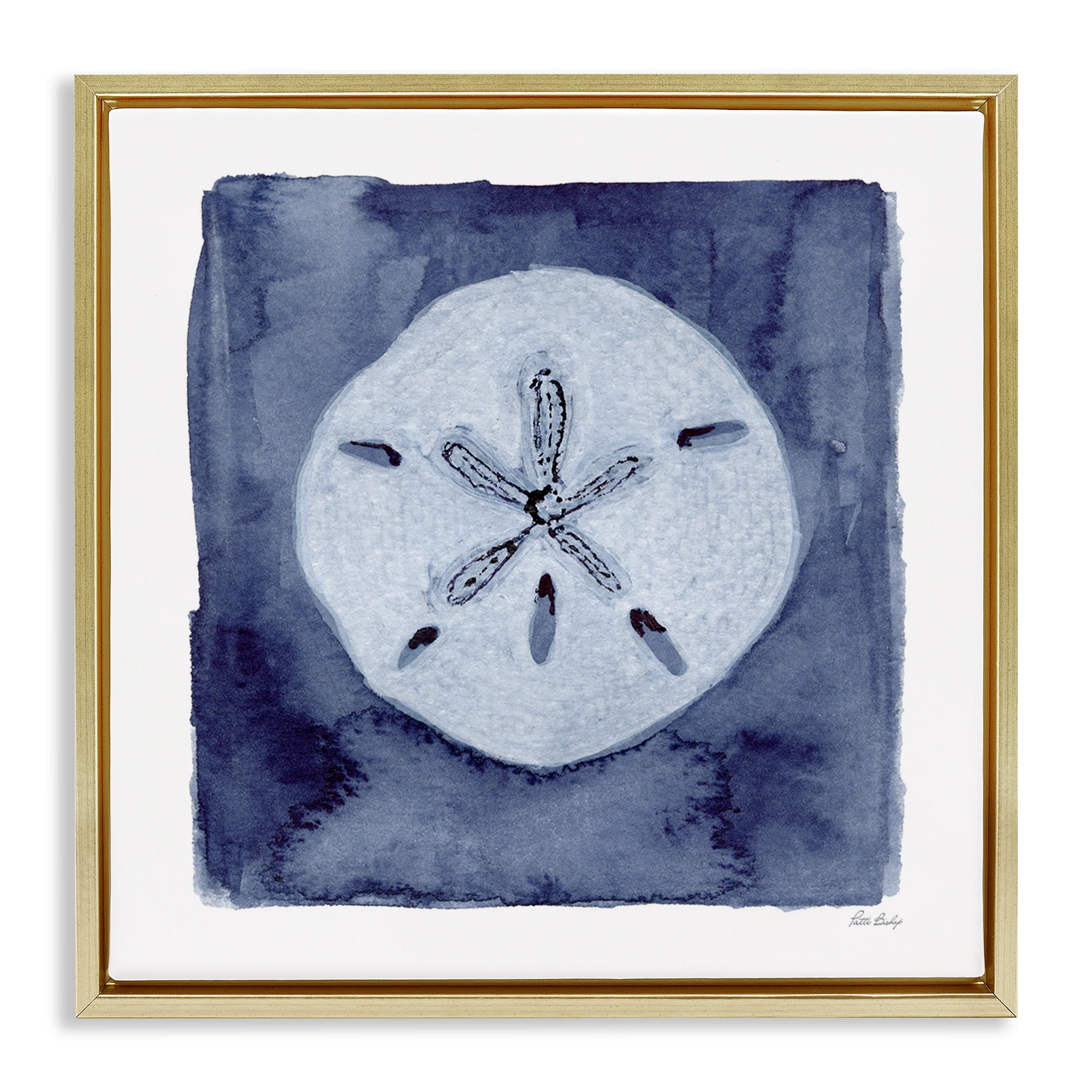 Stupell Industries White Sand Dollar on Indigo Gold Framed Floater Canvas Wall Art, design by Patti Bishop