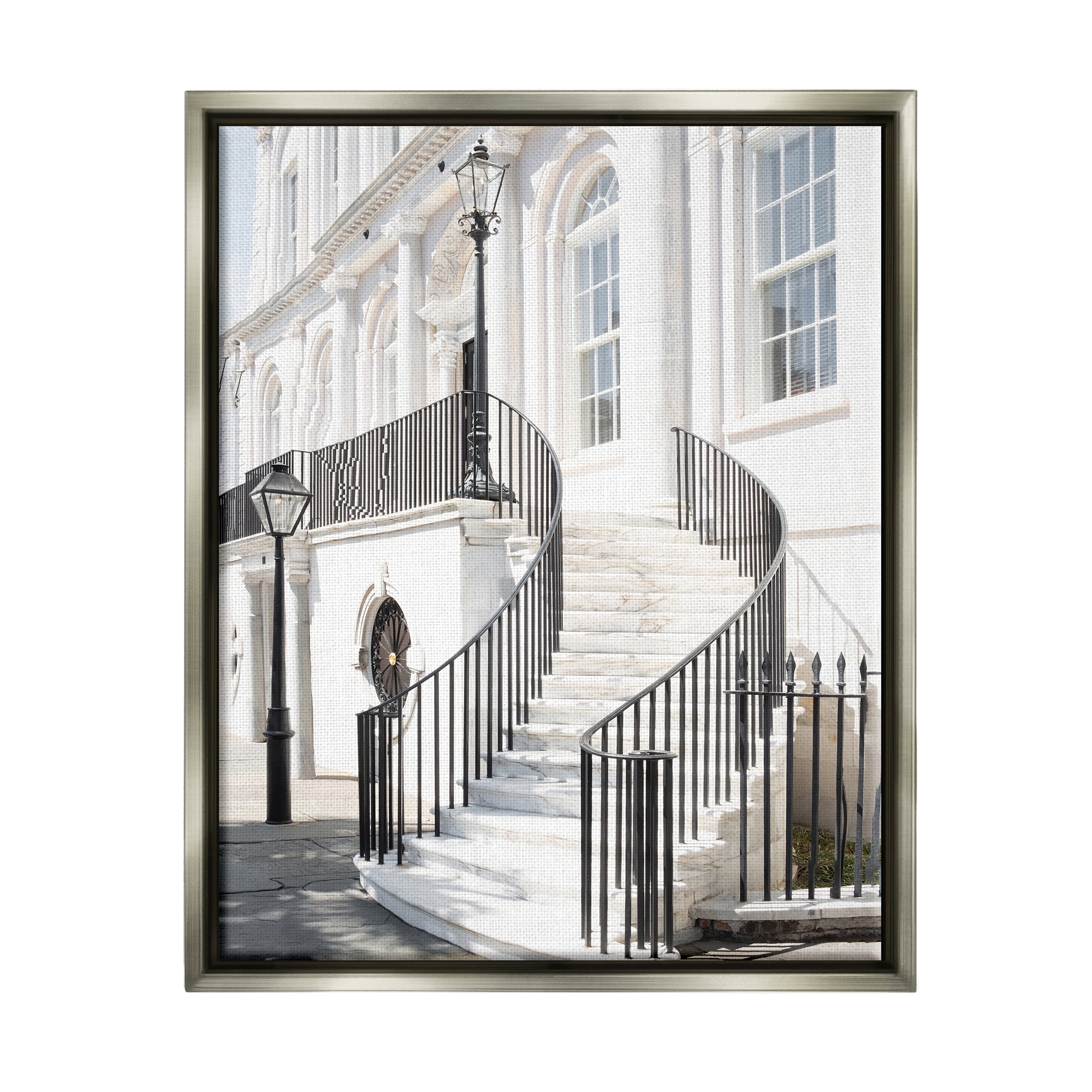 Stupell Industries White Staircase Architecture Travel & Places Painting Gray Floater Framed Canvas Art Print Wall Art, 25 x 31