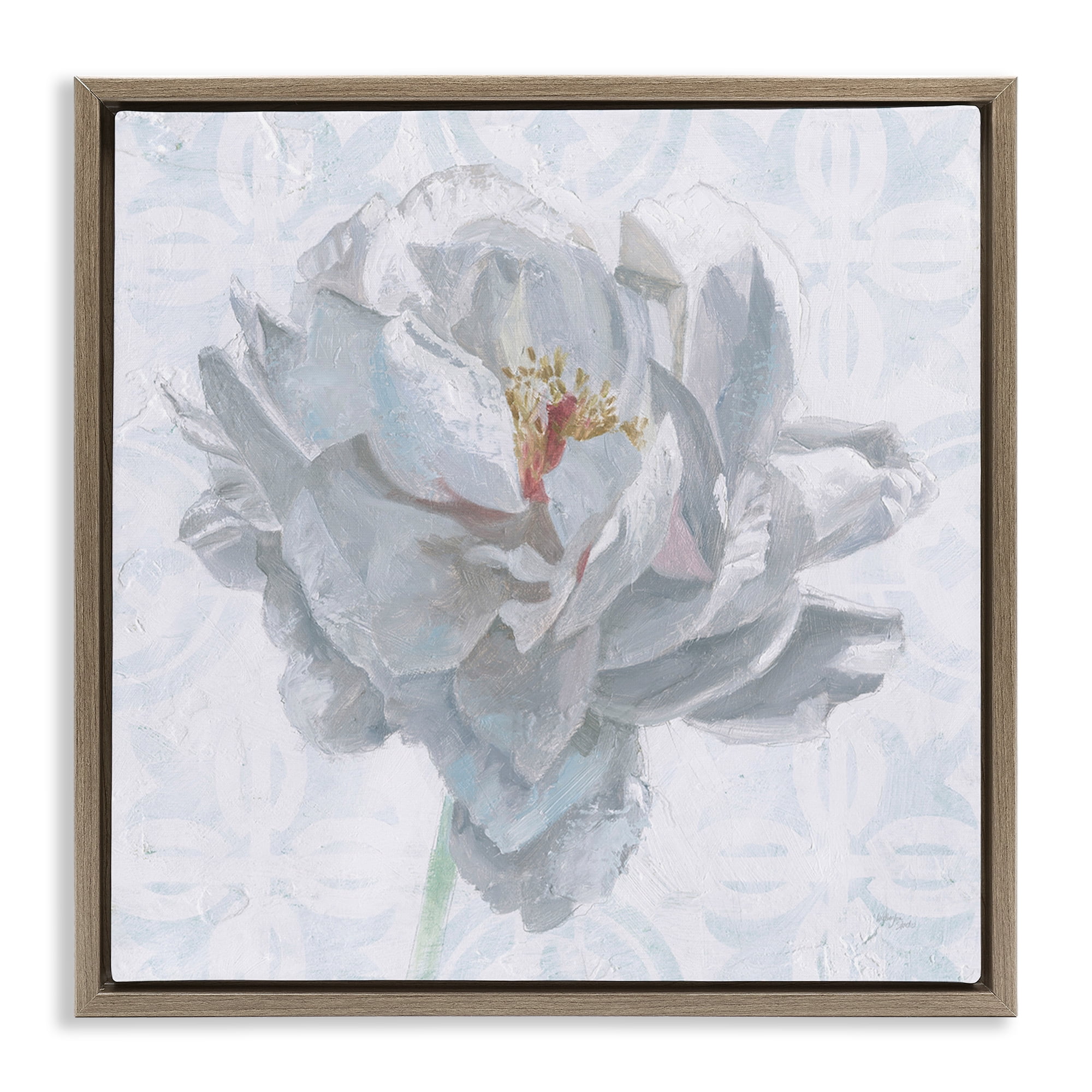 Stupell Industries White Sublime Peony Botanical & Floral Painting Brown Floater Framed Art Print Wall Art, 18 x 18