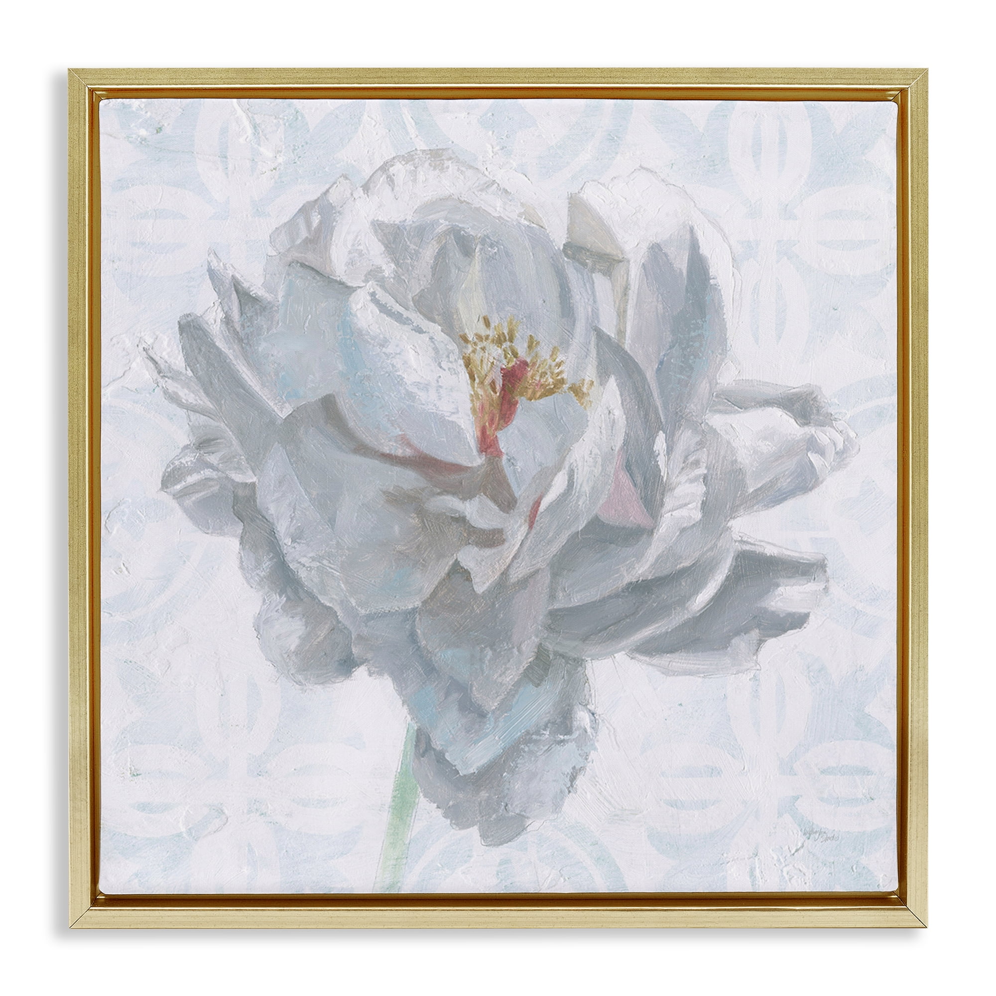 Stupell Industries White Sublime Peony Botanical & Floral Painting Gold Floater Framed Art Print Wall Art, 18 x 18