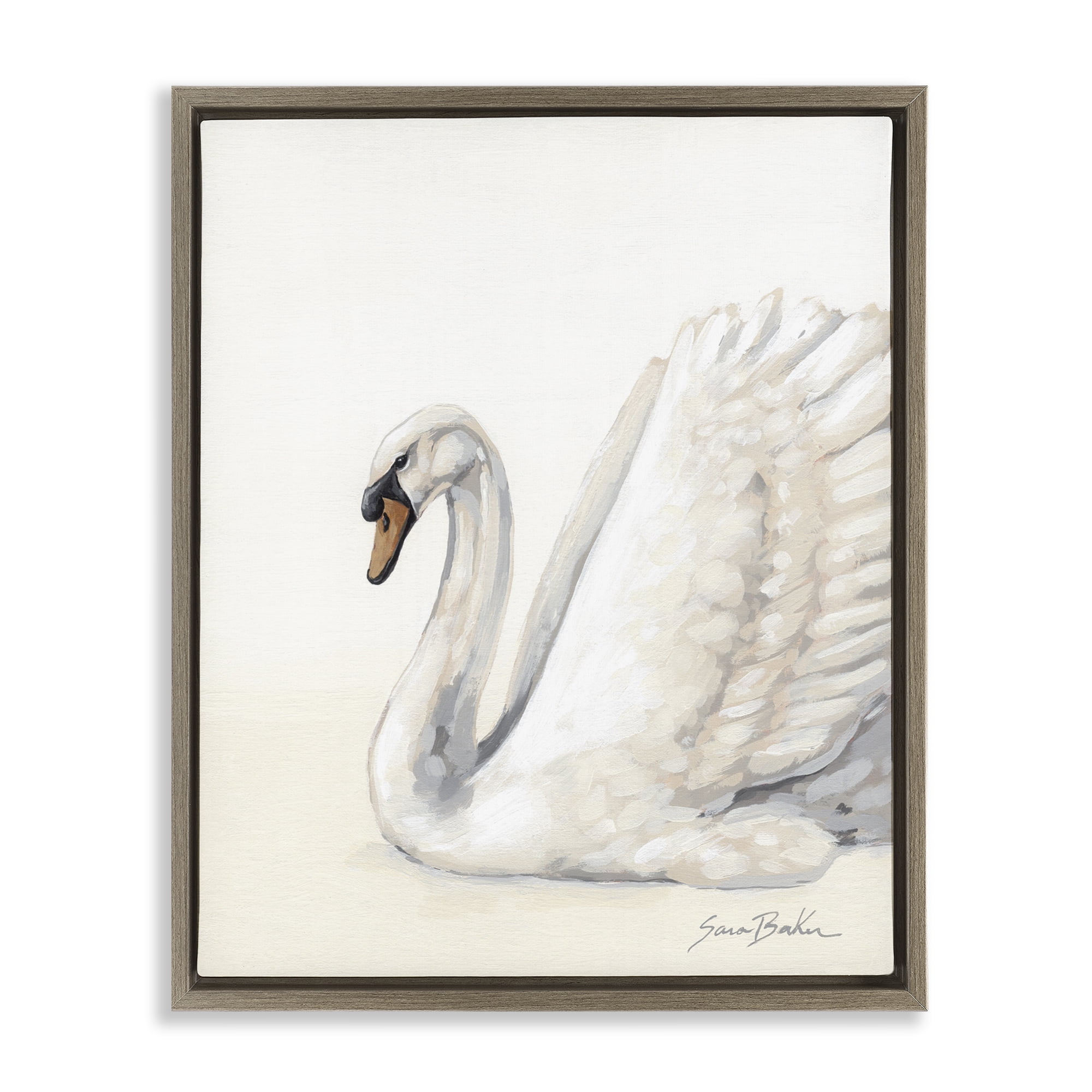 Stupell Industries White Swan in Repose Brown Framed Floater Canvas Wall Art, design by Sara Baker
