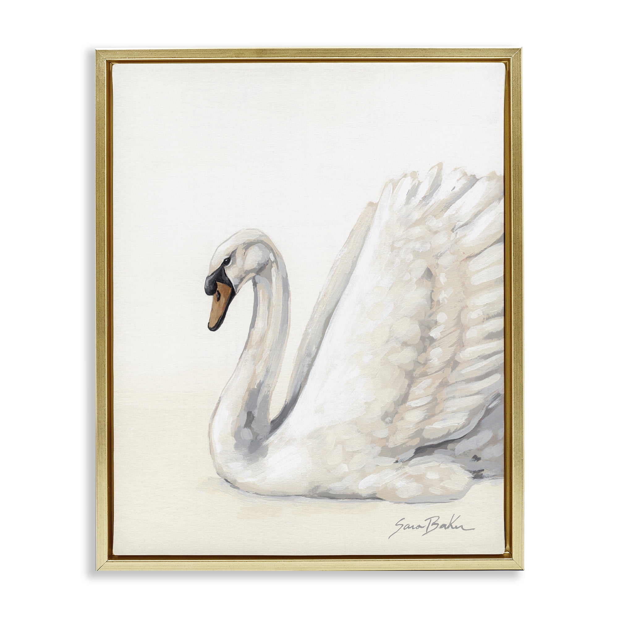Stupell Industries White Swan in Repose Gold Framed Floater Canvas Wall Art, design by Sara Baker