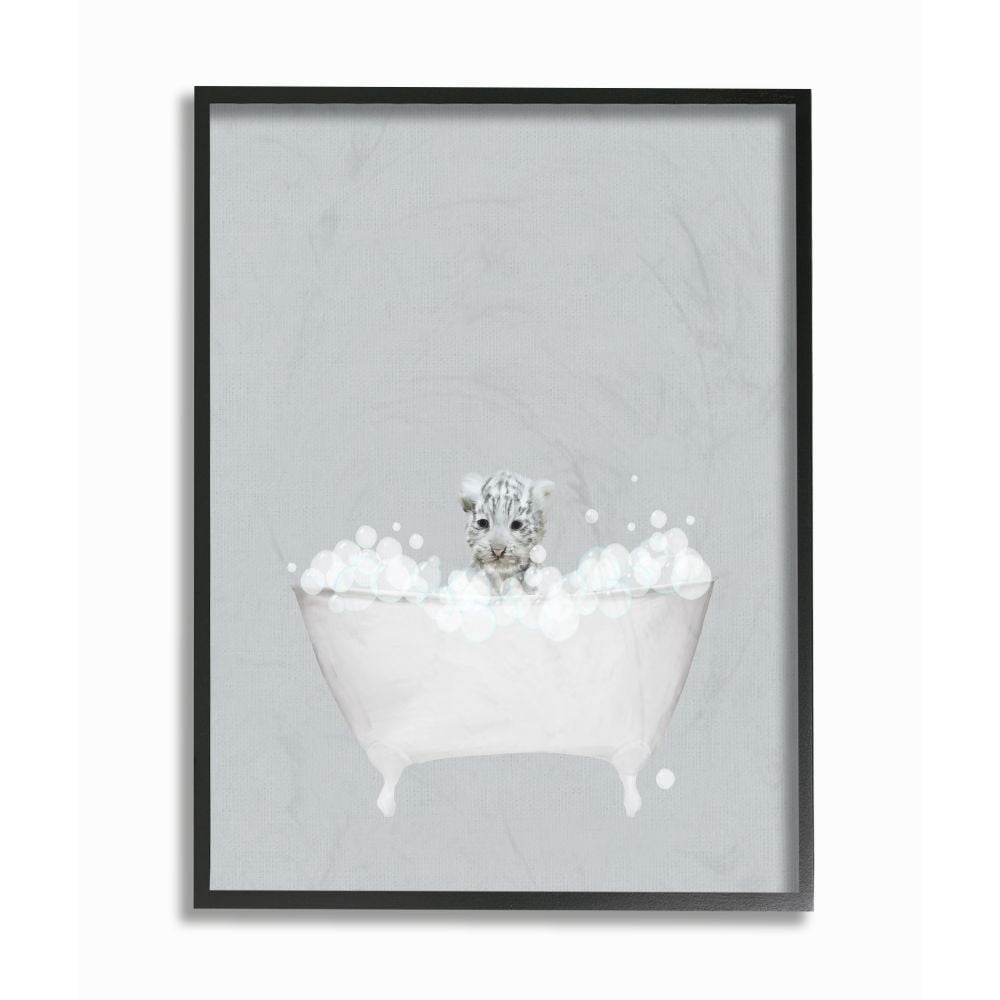 Stupell Industries White Tiger Blue Bath Cute Animal Design Graphic Art Black Framed Art Print Wall Art, 24x30, by Leah Straatsma