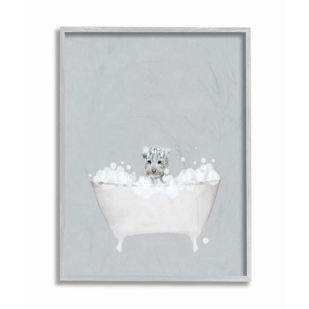 Stupell Industries White Tiger Blue Bath Cute Animal Design Graphic Art Gray Framed Art Print Wall Art, 11x14, by Leah Straatsma
