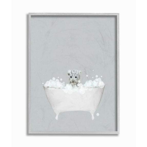 Stupell Industries White Tiger Blue Bath Cute Animal Design Graphic Art Gray Framed Art Print Wall Art, 11x14, by Leah Straatsma