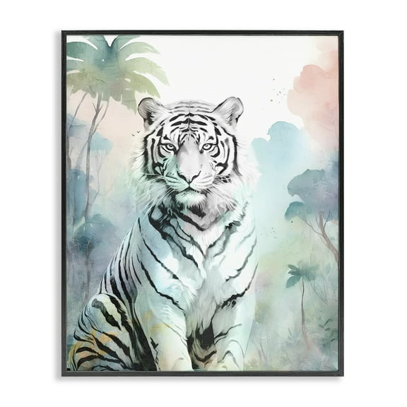 Stupell Industries White Tiger in Jungle Animals Painting Black Framed Art Print Wall Art, 16 x 20