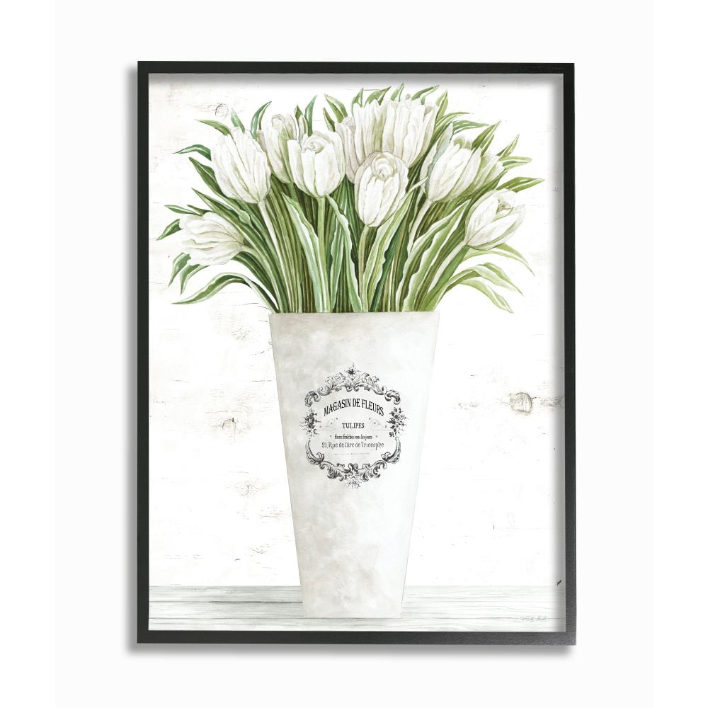 Stupell Industries White Tulip Bouquet in Parisian Vase Floral Arrangement Botanical & Floral Painting Black Framed Art Print Wall Art, 24 x 30