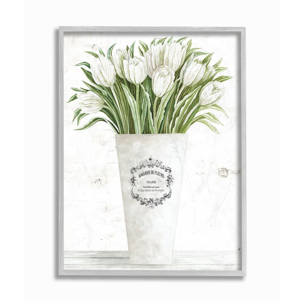 Stupell Industries White Tulip Bouquet in Parisian Vase Floral Arrangement Framed Wall Art Design by Cindy Jacobs, 16" x 20", Gray Framed