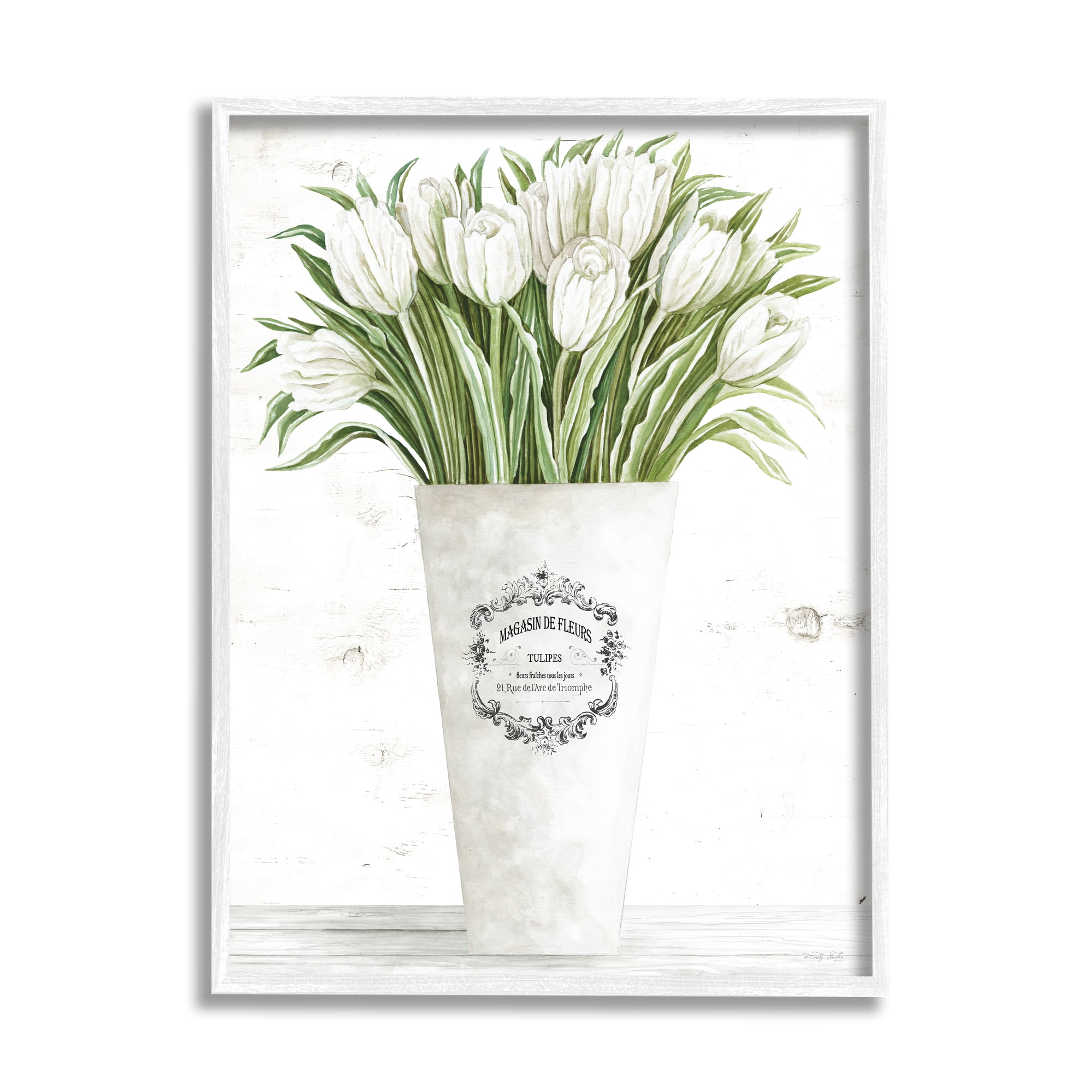 Stupell Industries White Tulip Bouquet in Parisian Vase Floral Arrangement Graphic Art White Framed Art Print Wall Art, 11x14, by Cindy Jacobs