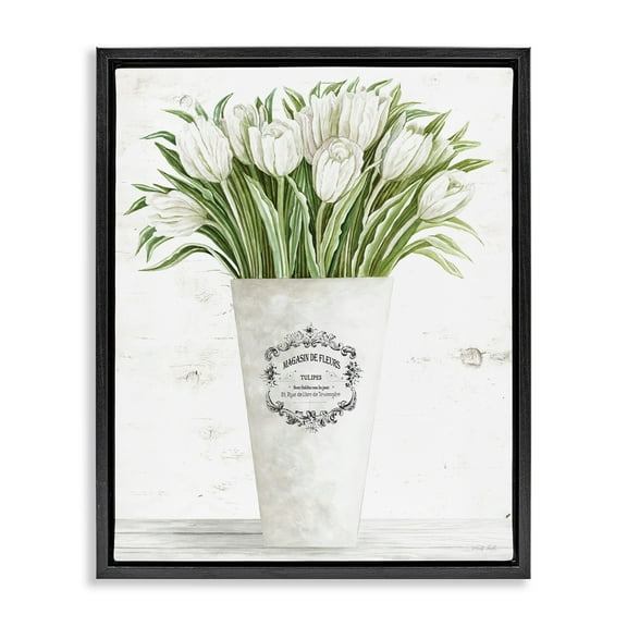 Stupell Industries White Tulip Bouquet in Parisian Vase Floral Arrangement Jet Black Framed Floating Canvas Wall Art, 16x20, by Cindy Jacobs