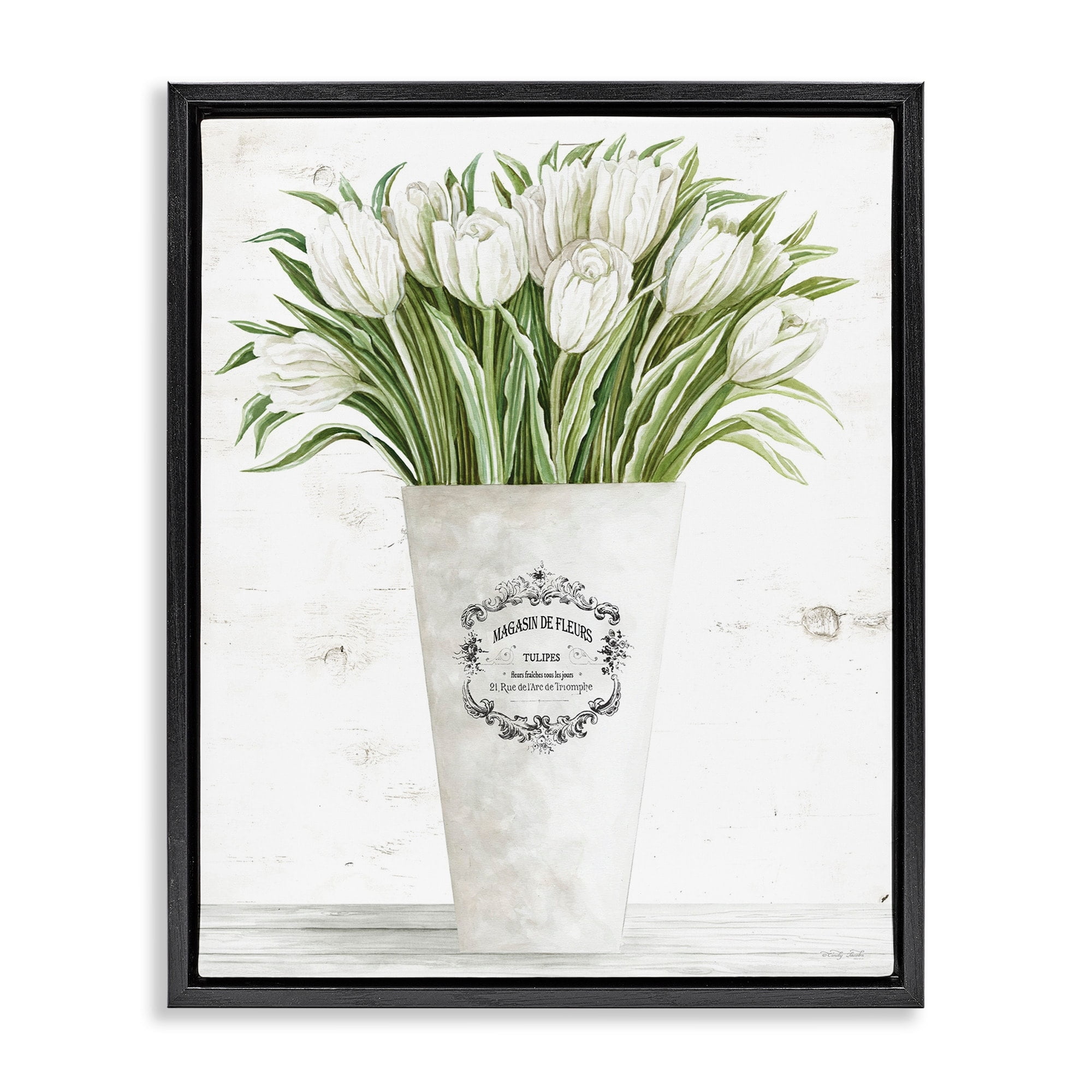 Stupell Industries White Tulip Bouquet in Parisian Vase Floral Arrangement Jet Black Framed Floating Canvas Wall Art, 24x30, by Cindy Jacobs